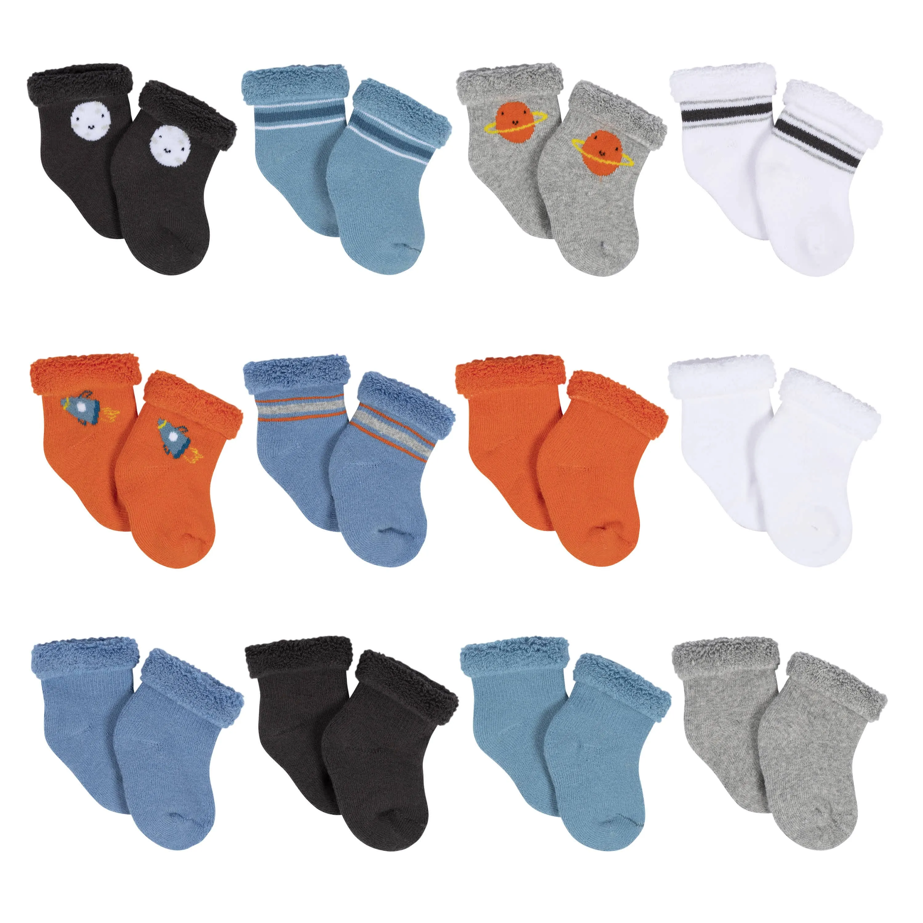 12-Pack Baby Boys Space Explorer Terry Wiggle Proof Socks