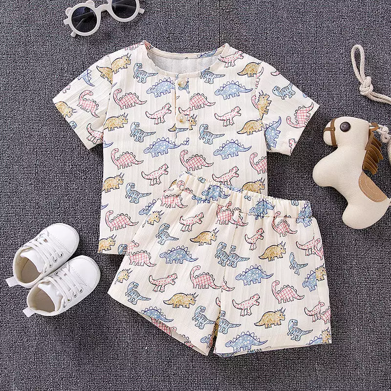 2 Pieces Set Baby Kid Boys Dinosaur Print Tops And Shorts Wholesale 240409288