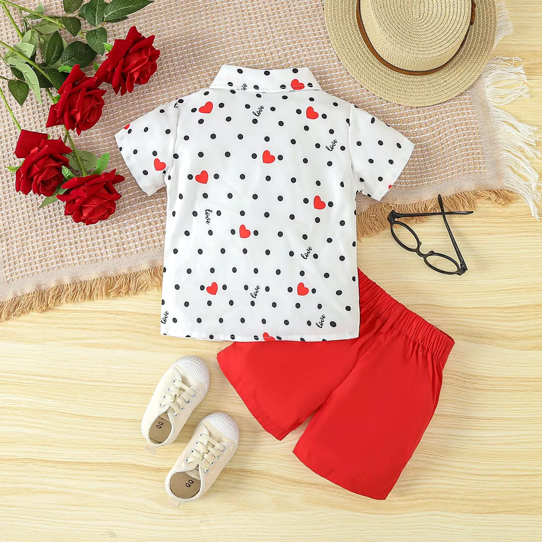 2 Pieces Set Baby Kid Boys Valentine's Day Letters Love heart Print Tops And Solid Color Shorts Wholesale 24030179