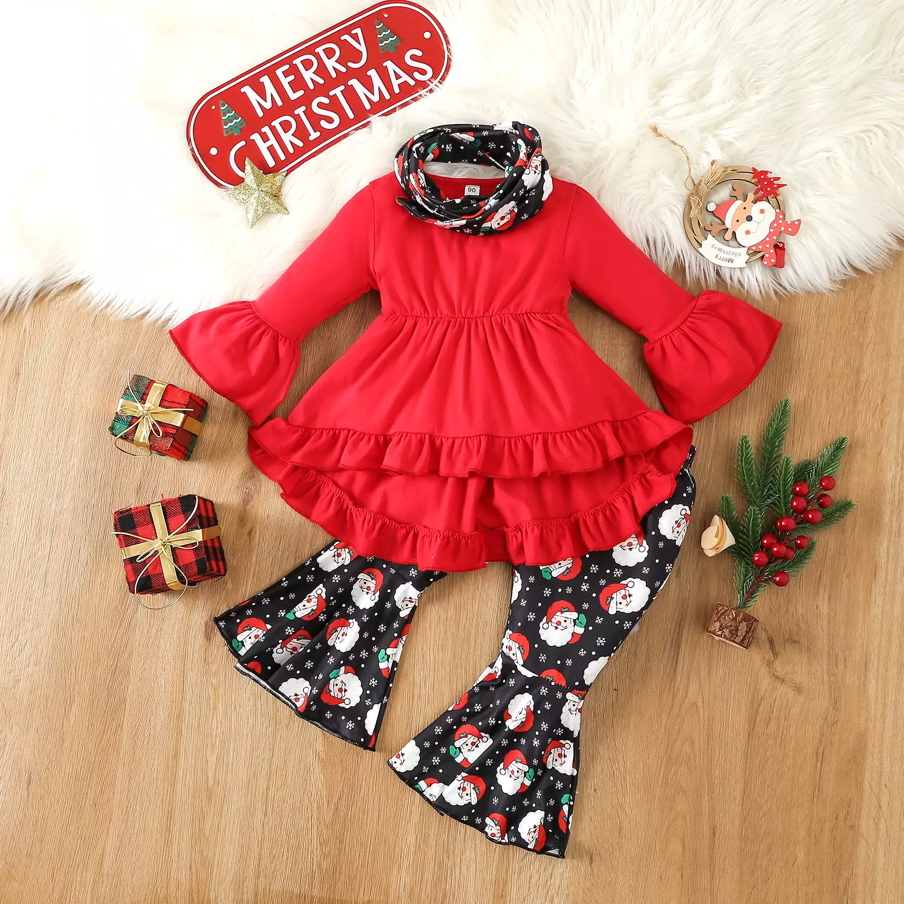 2 Pieces Set Baby Kid Girls Christmas Solid Color Print Tops And Cartoon Pants Wholesale 23101542