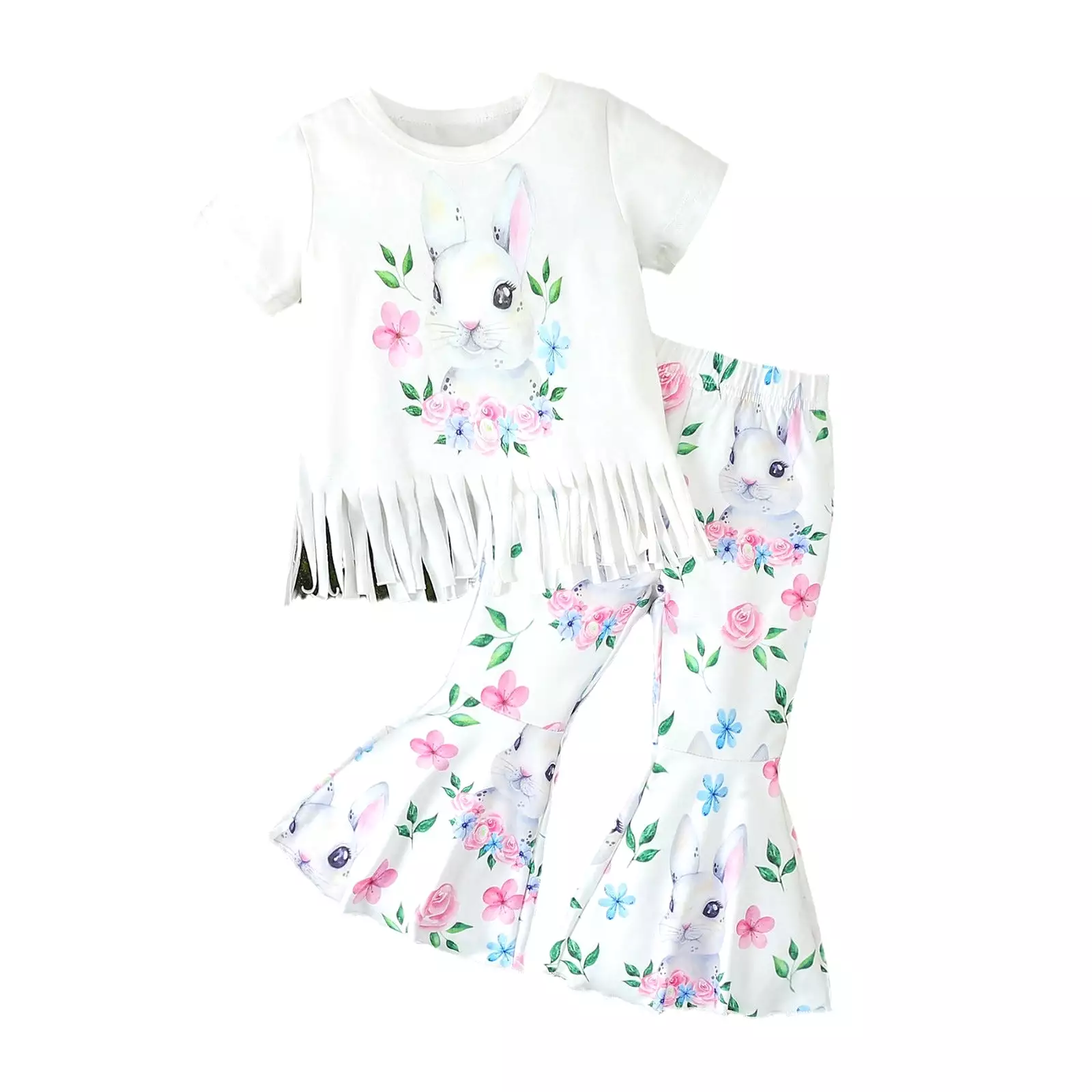 2 Pieces Set Baby Kid Girls Easter Flower Animals Print Tops And Pants Wholesale 24030192