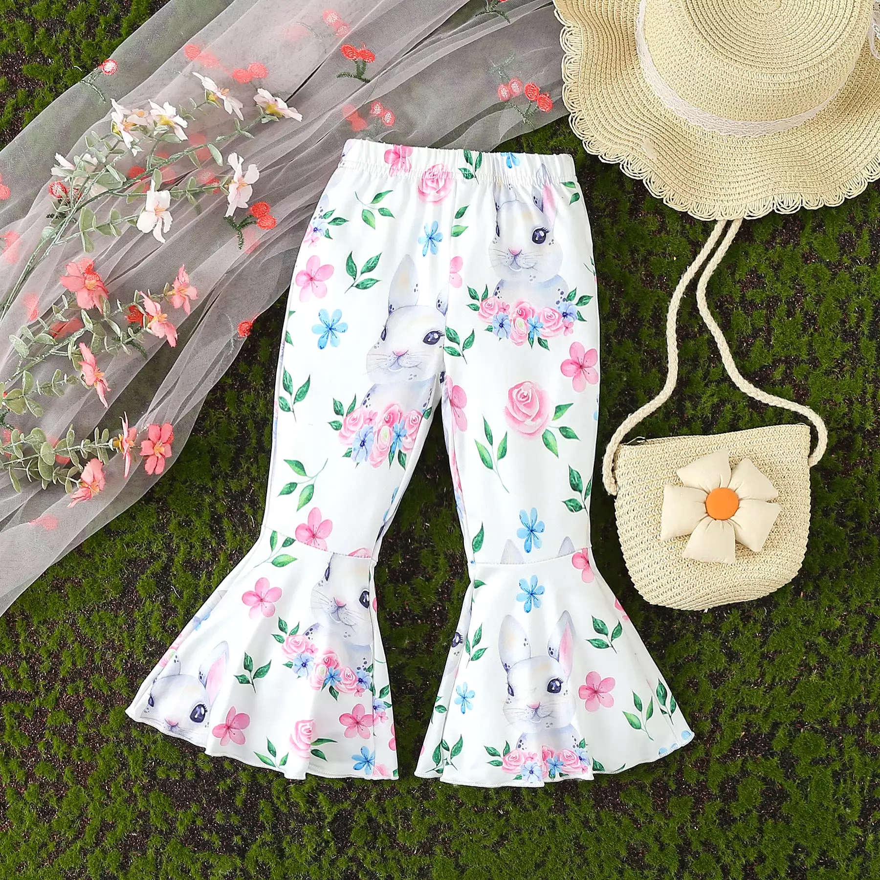 2 Pieces Set Baby Kid Girls Easter Flower Animals Print Tops And Pants Wholesale 24030192