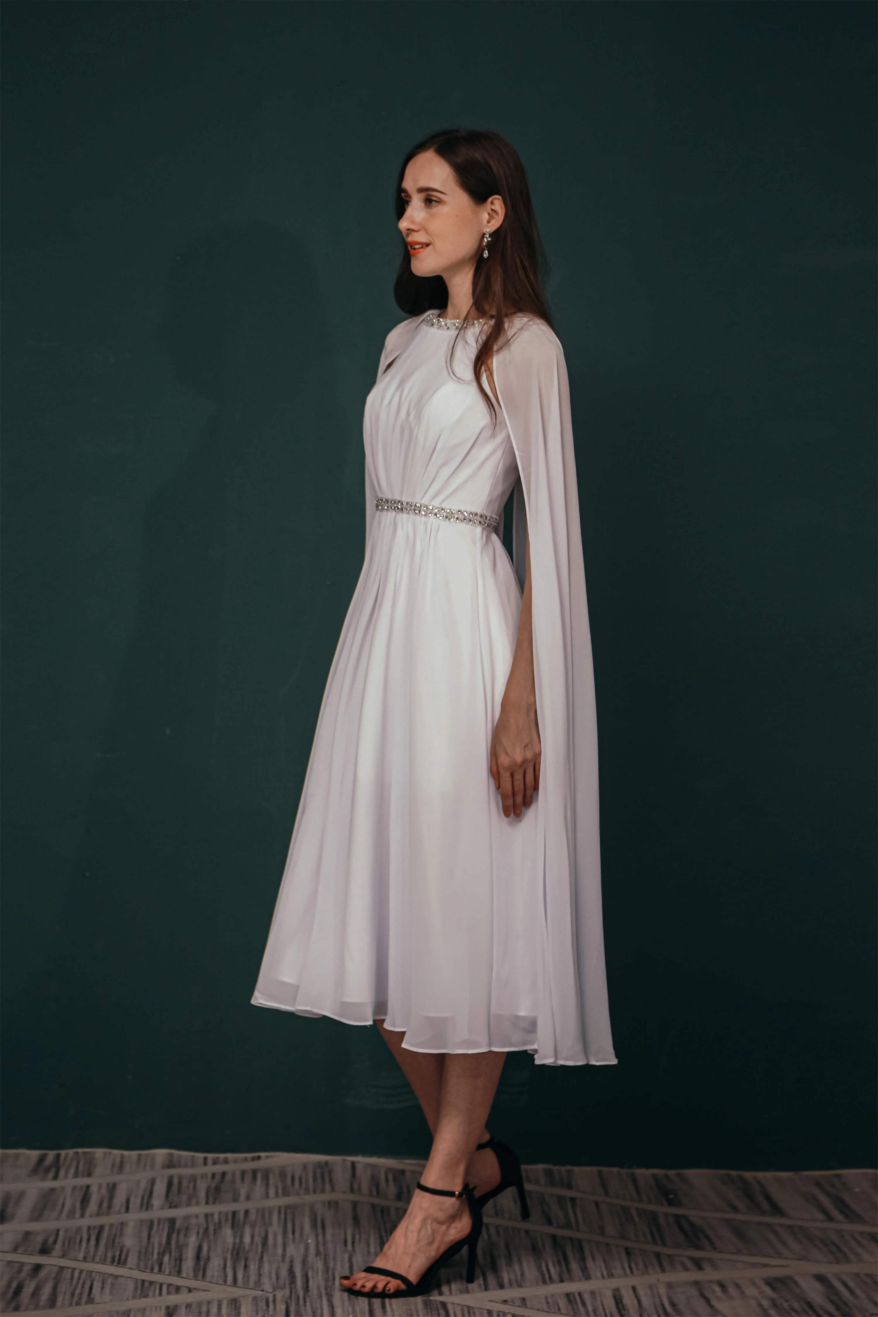 A-Line Crew Tea Length Chiffon Beaded Waist Mother of The Bride Dresses