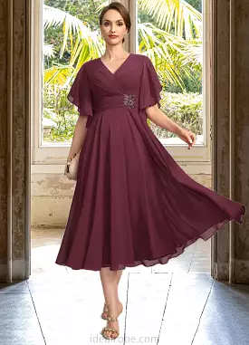 Abigail A-line V-Neck Tea-Length Chiffon Mother of the Bride Dress With Beading Pleated STKP0021774