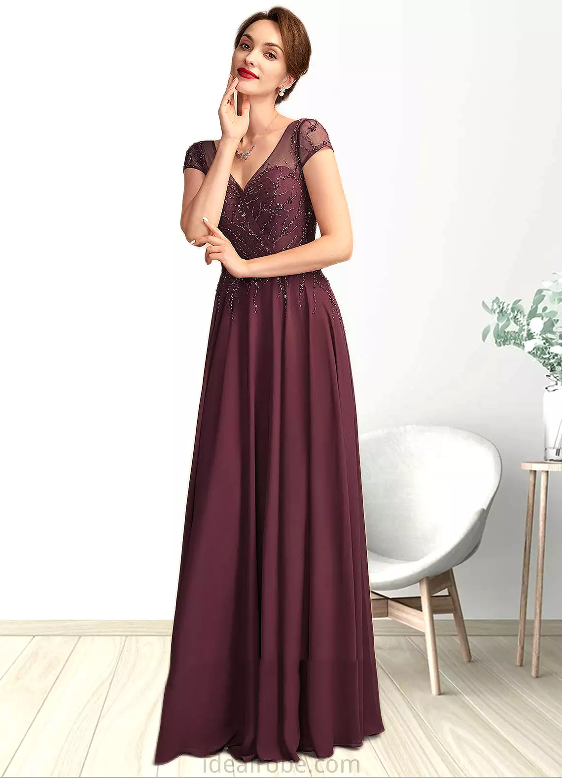 Abril A-Line V-neck Floor-Length Chiffon Mother of the Bride Dress With Beading Sequins STK126P0015028