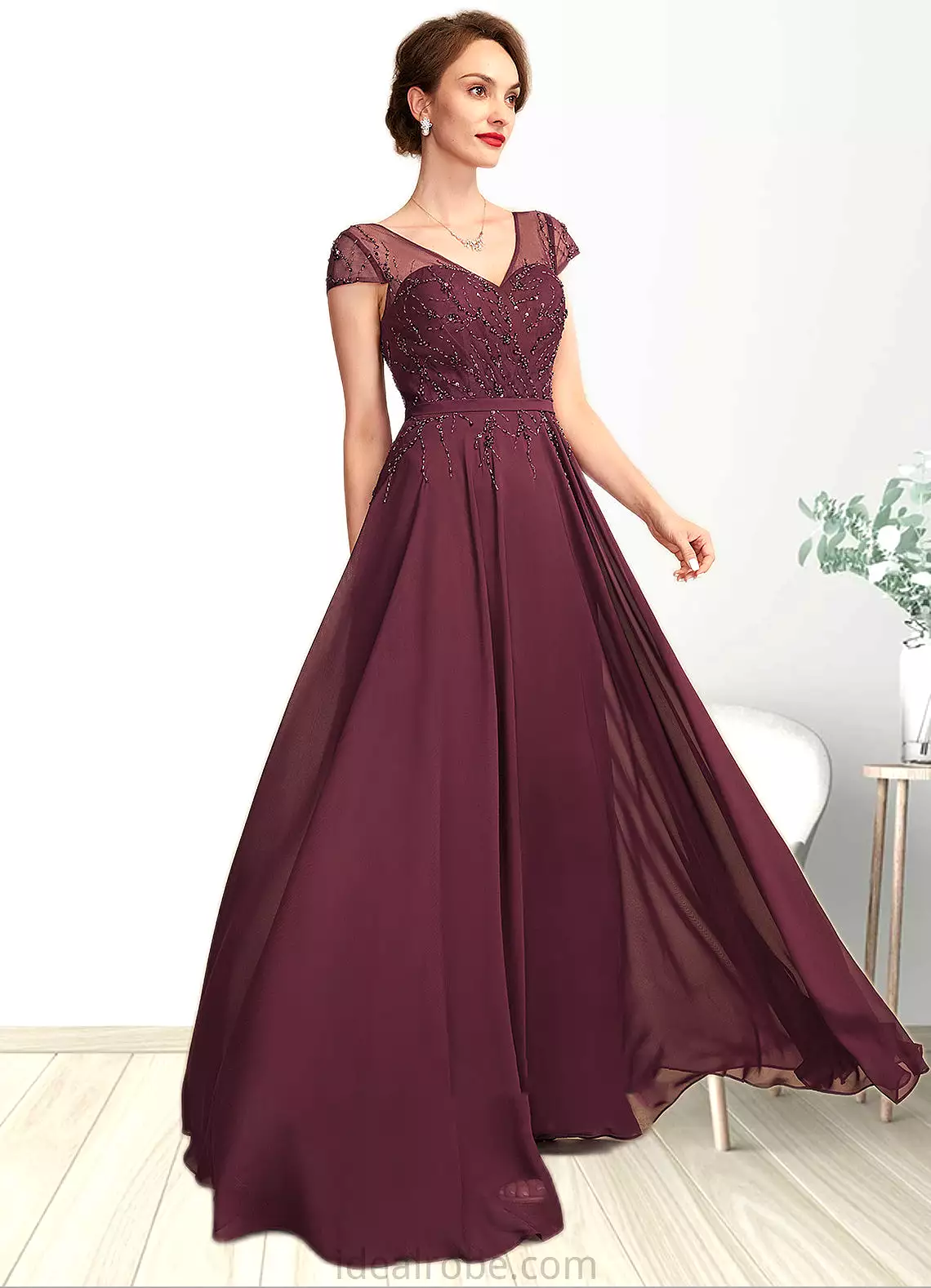 Abril A-Line V-neck Floor-Length Chiffon Mother of the Bride Dress With Beading Sequins STK126P0015028