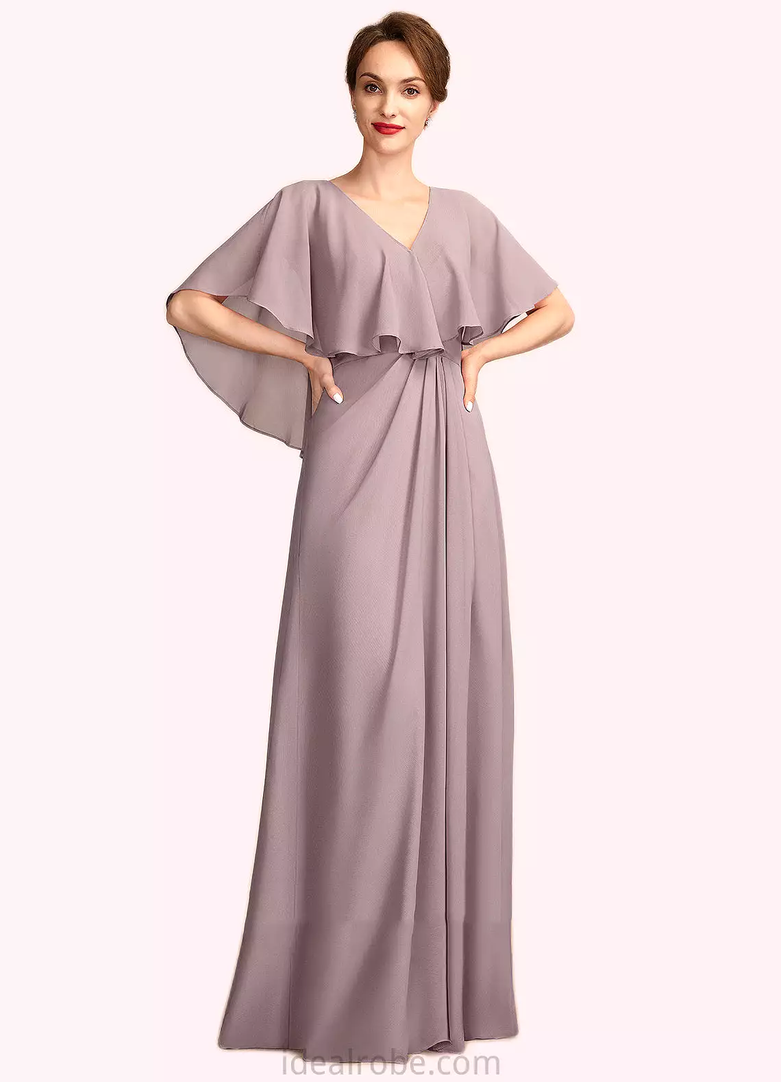 Addison A-Line V-neck Floor-Length Chiffon Mother of the Bride Dress With Ruffle STK126P0015026