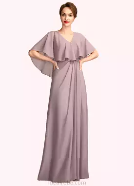 Addison A-Line V-neck Floor-Length Chiffon Mother of the Bride Dress With Ruffle STK126P0015026