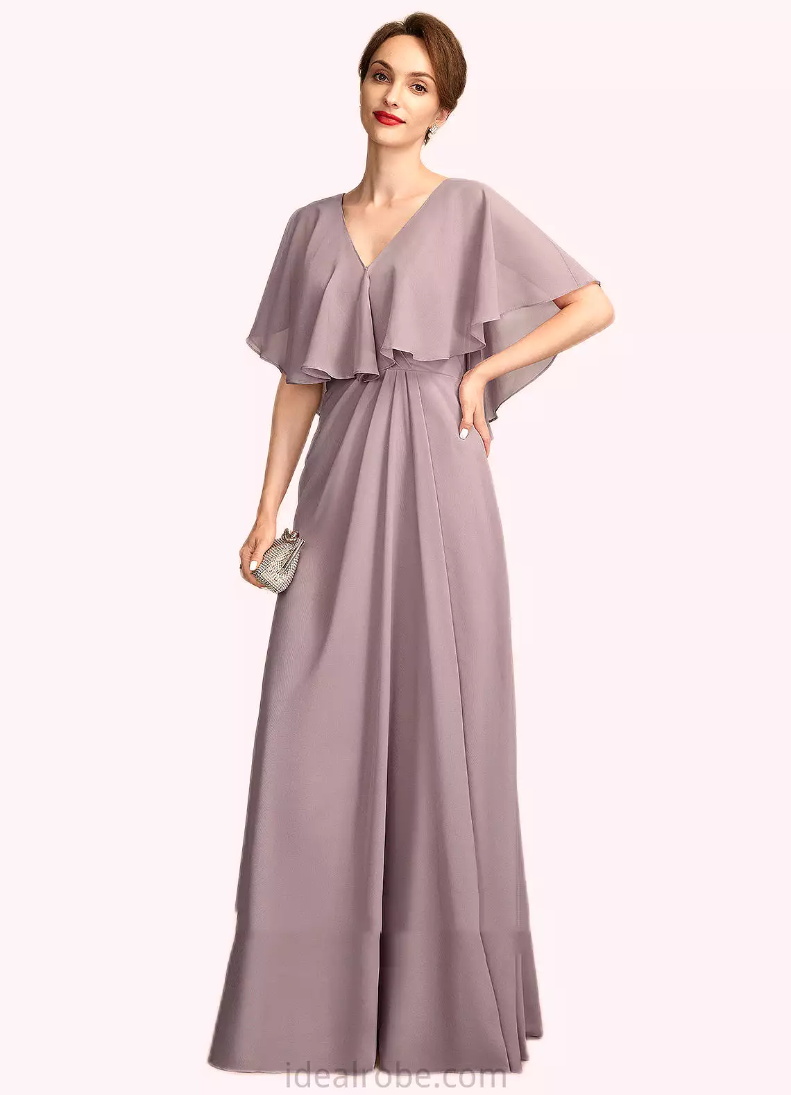 Addison A-Line V-neck Floor-Length Chiffon Mother of the Bride Dress With Ruffle STK126P0015026