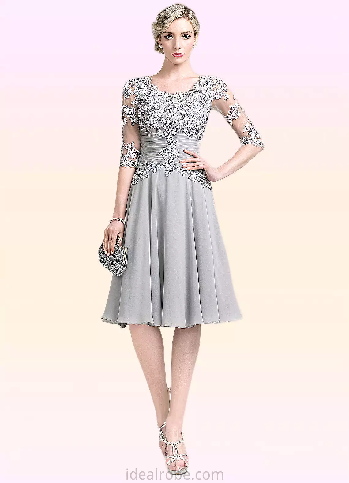 Ali A-Line Scoop Neck Knee-Length Chiffon Mother of the Bride Dress With Ruffle Appliques Lace STK126P0014715