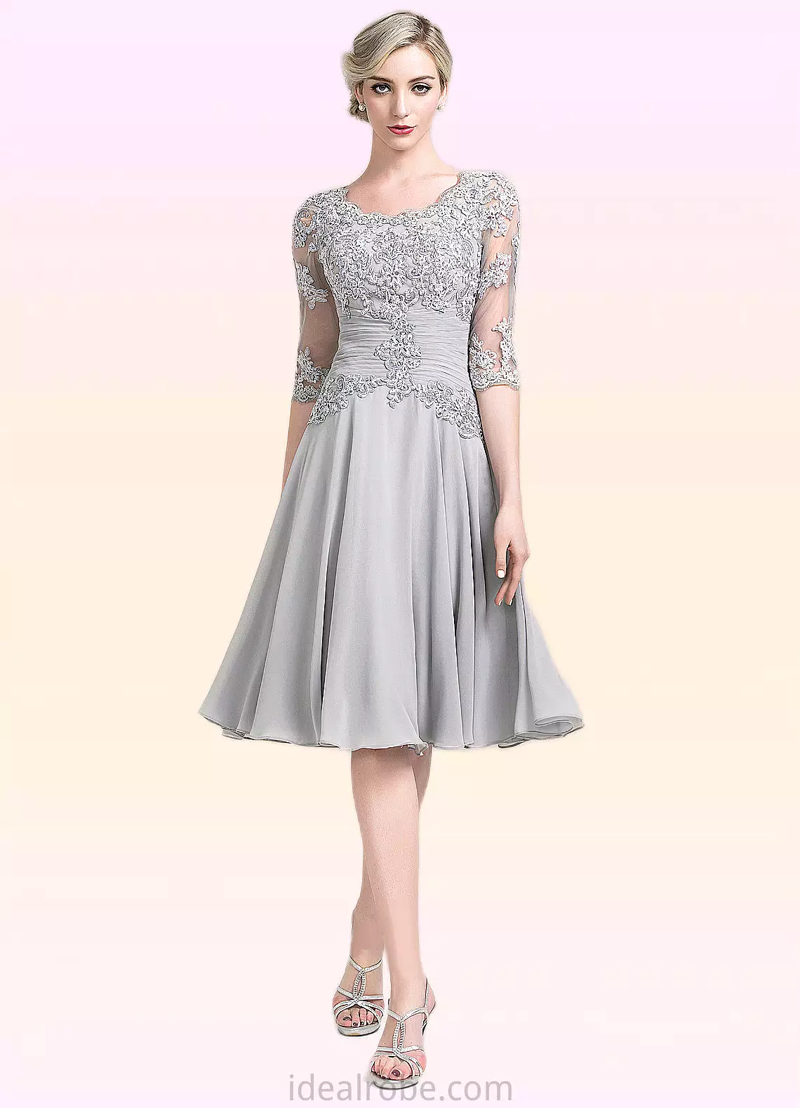 Ali A-Line Scoop Neck Knee-Length Chiffon Mother of the Bride Dress With Ruffle Appliques Lace STK126P0014715