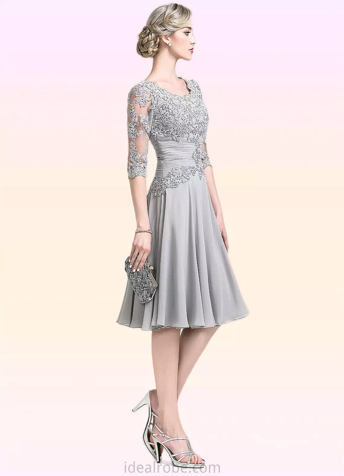 Ali A-Line Scoop Neck Knee-Length Chiffon Mother of the Bride Dress With Ruffle Appliques Lace STK126P0014715