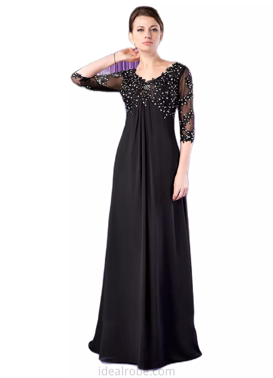 Amari Empire V-neck Sweep Train Chiffon Mother of the Bride Dress With Lace Beading STK126P0014697