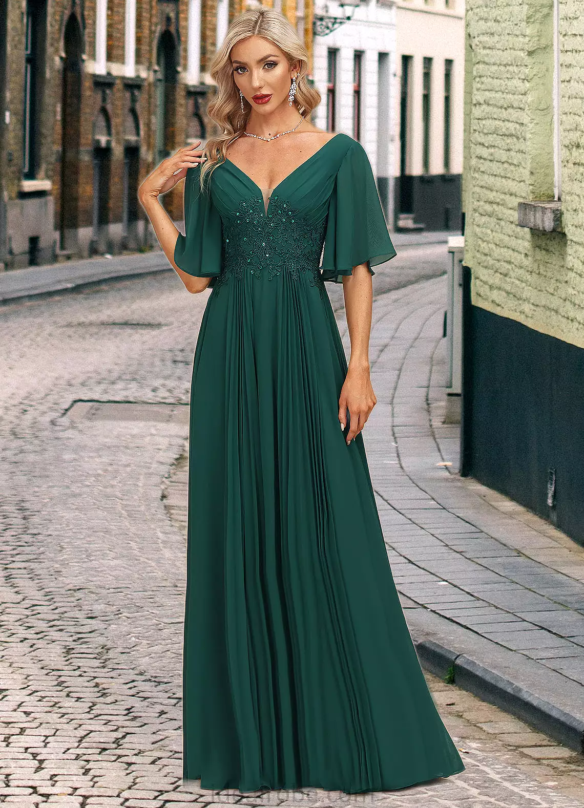 Amy A-line V-Neck Floor-Length Chiffon Mother of the Bride Dress With Pleated Appliques Lace Sequins STKP0021807