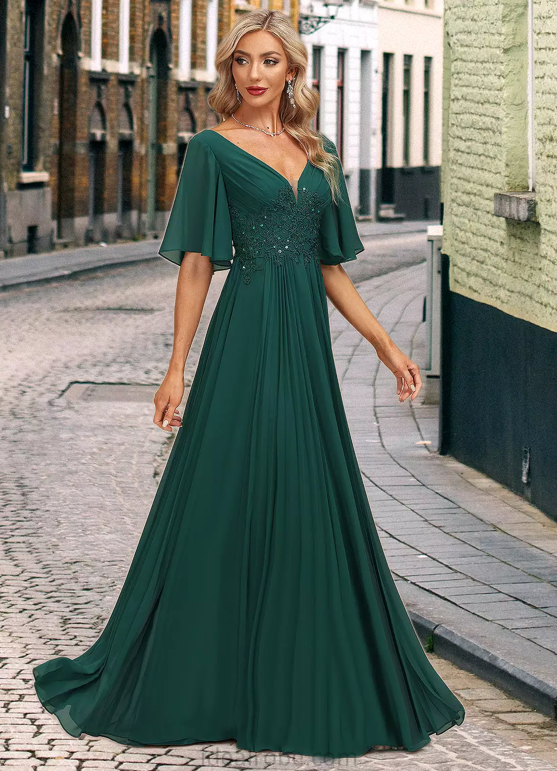 Amy A-line V-Neck Floor-Length Chiffon Mother of the Bride Dress With Pleated Appliques Lace Sequins STKP0021807