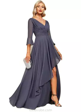 Andrea A-line V-Neck Floor-Length Chiffon Mother of the Bride Dress With Cascading Ruffles STKP0021653