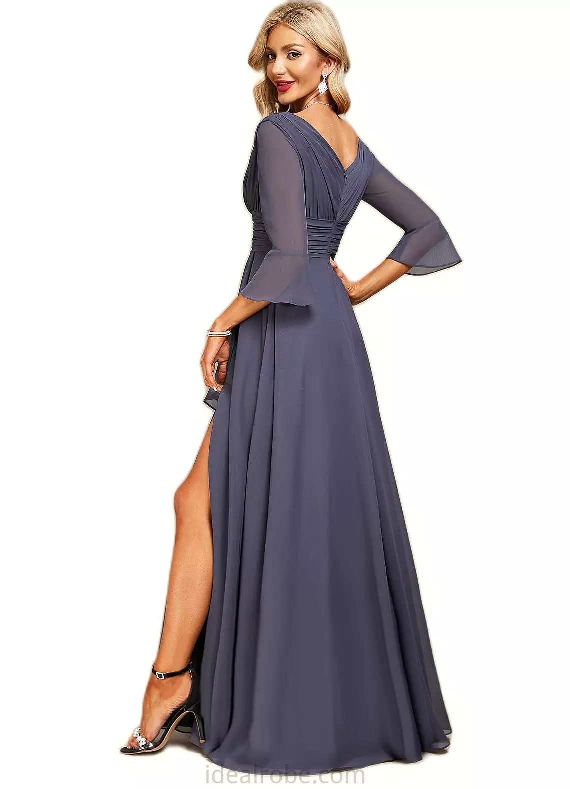 Andrea A-line V-Neck Floor-Length Chiffon Mother of the Bride Dress With Cascading Ruffles STKP0021653