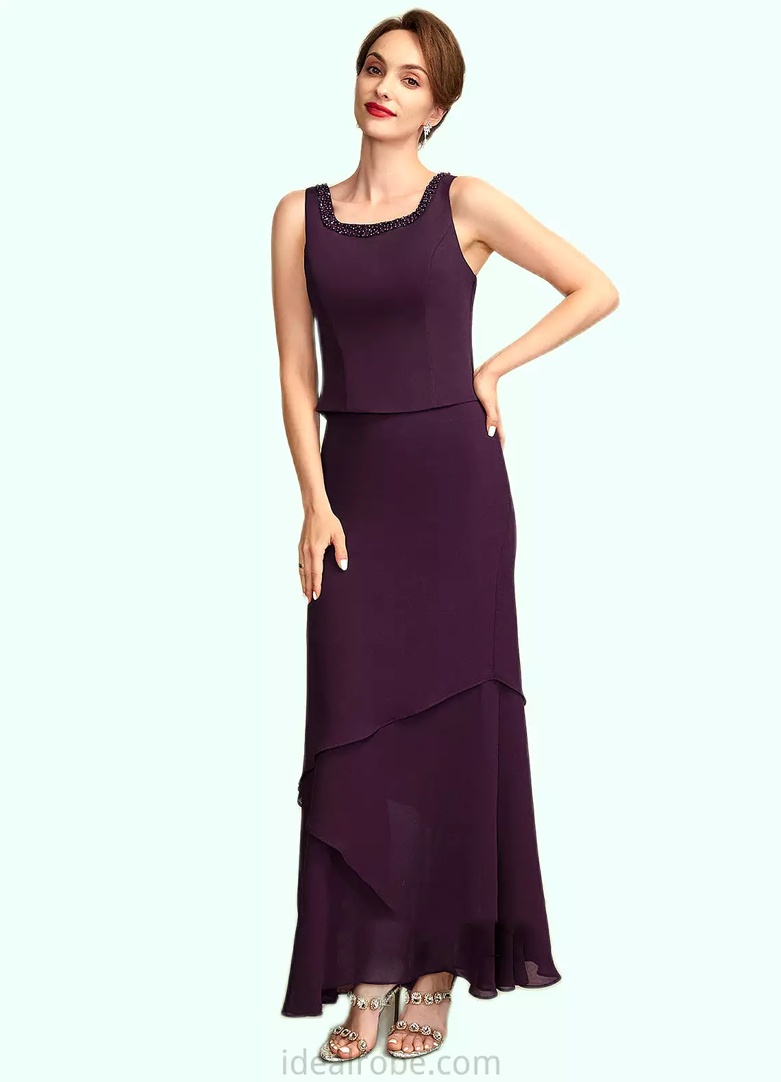 Angelina Sheath/Column Scoop Neck Ankle-Length Chiffon Mother of the Bride Dress With Beading Sequins STK126P0015024