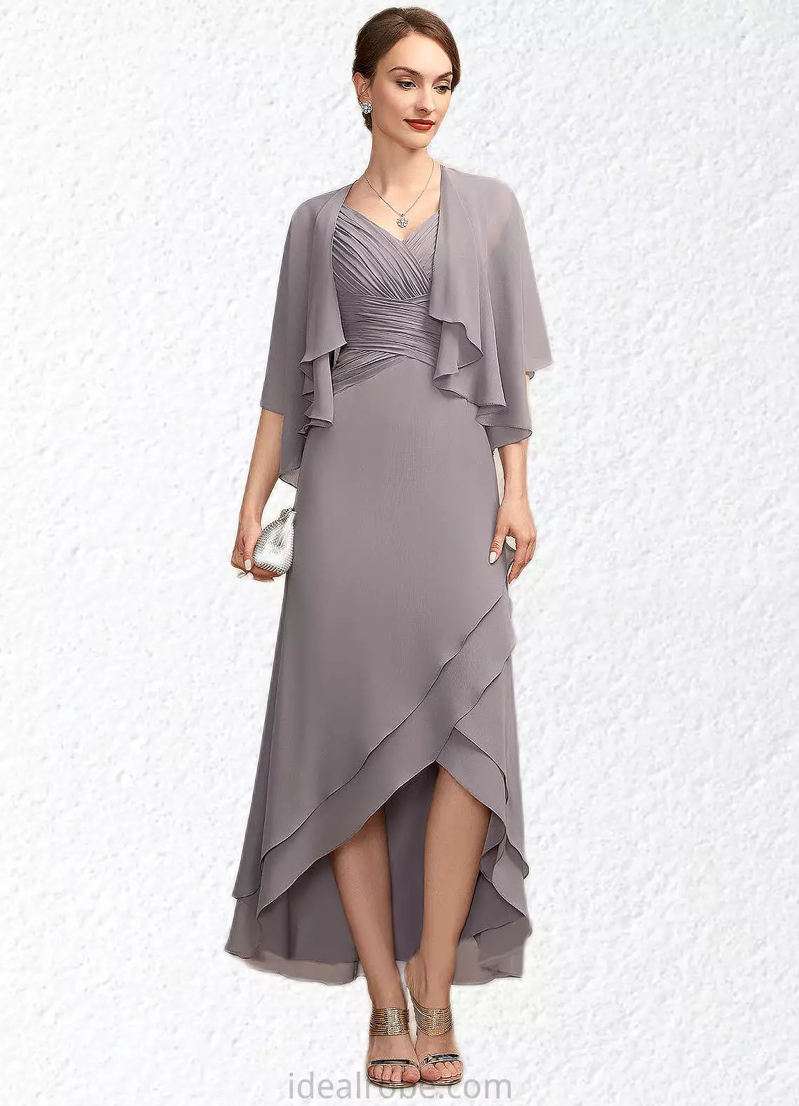 Angie A-Line V-neck Asymmetrical Chiffon Mother of the Bride Dress With Ruffle STK126P0014682