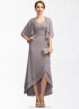 Angie A-Line V-neck Asymmetrical Chiffon Mother of the Bride Dress With Ruffle STK126P0014682