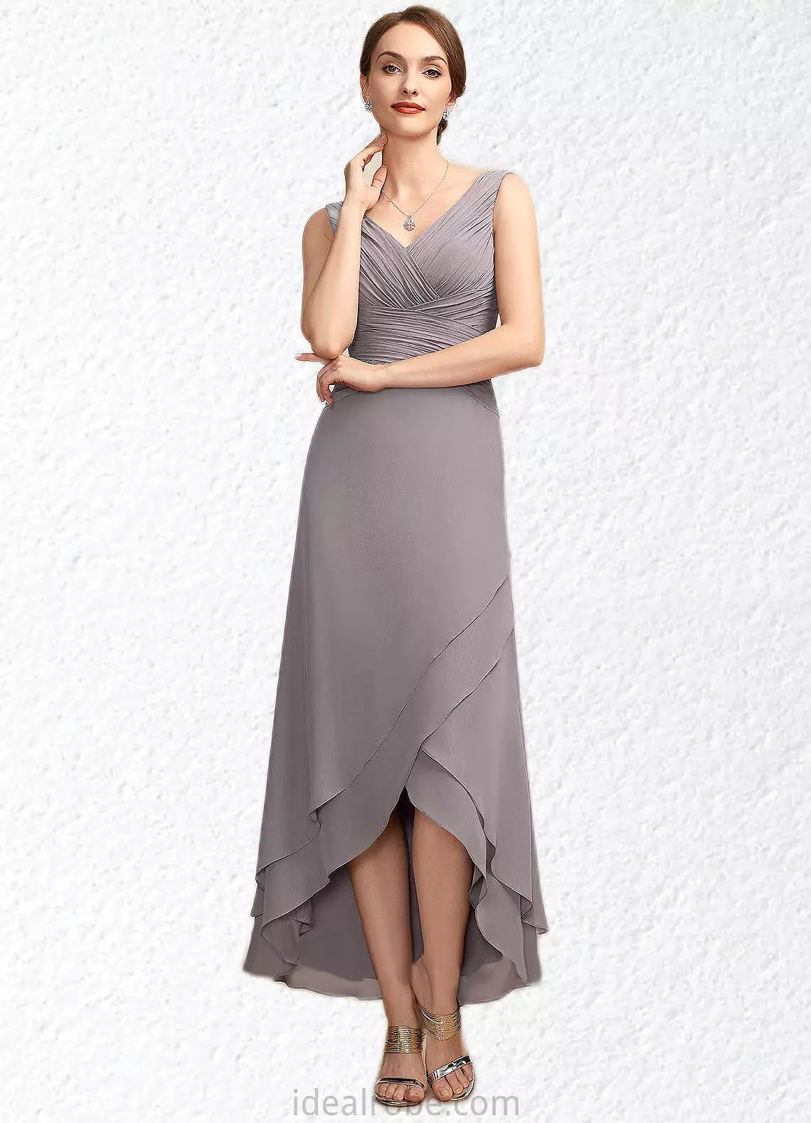 Angie A-Line V-neck Asymmetrical Chiffon Mother of the Bride Dress With Ruffle STK126P0014682