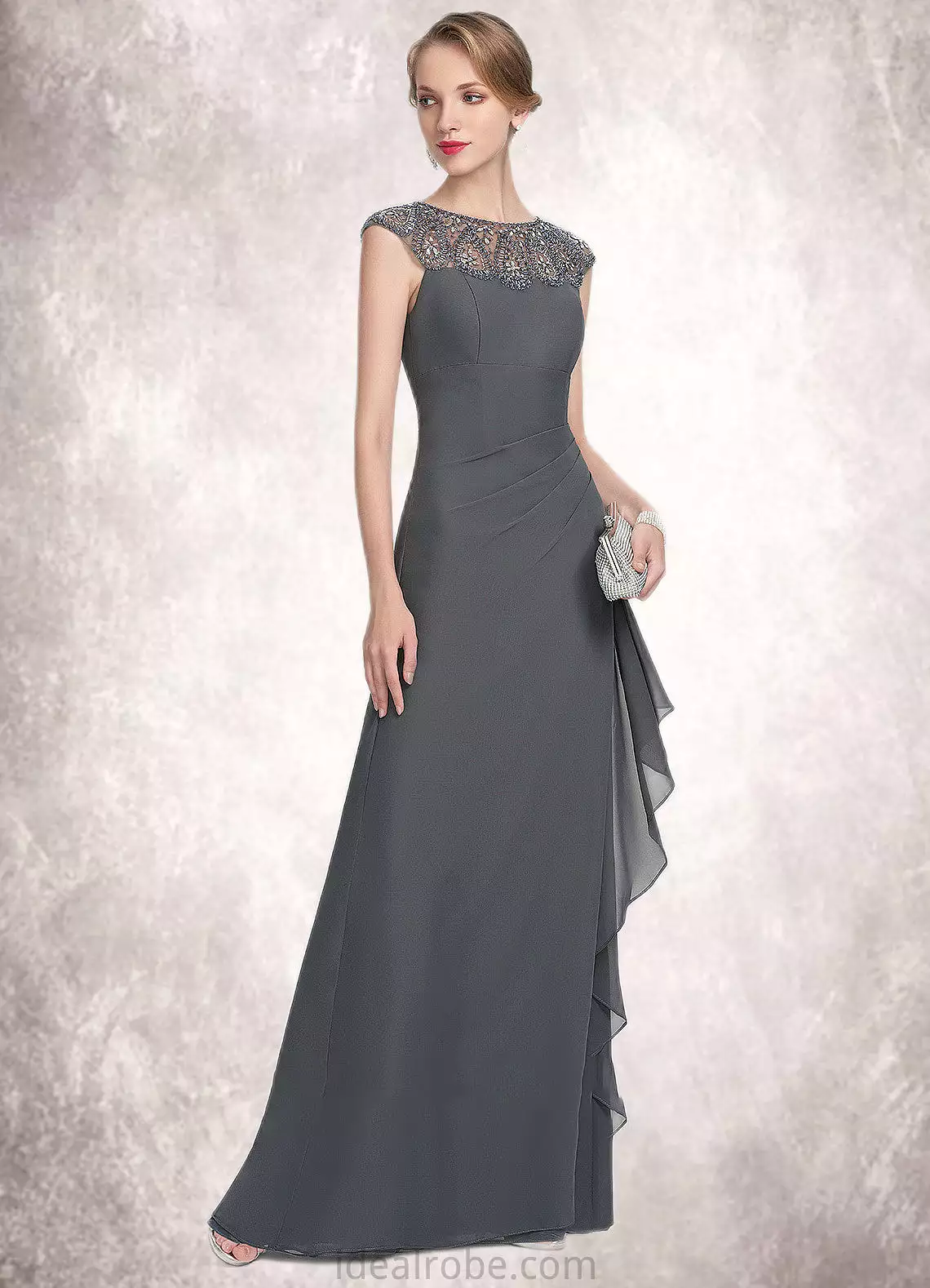 Annika A-Line Scoop Neck Floor-Length Chiffon Mother of the Bride Dress With Beading Sequins Cascading Ruffles STK126P0014721