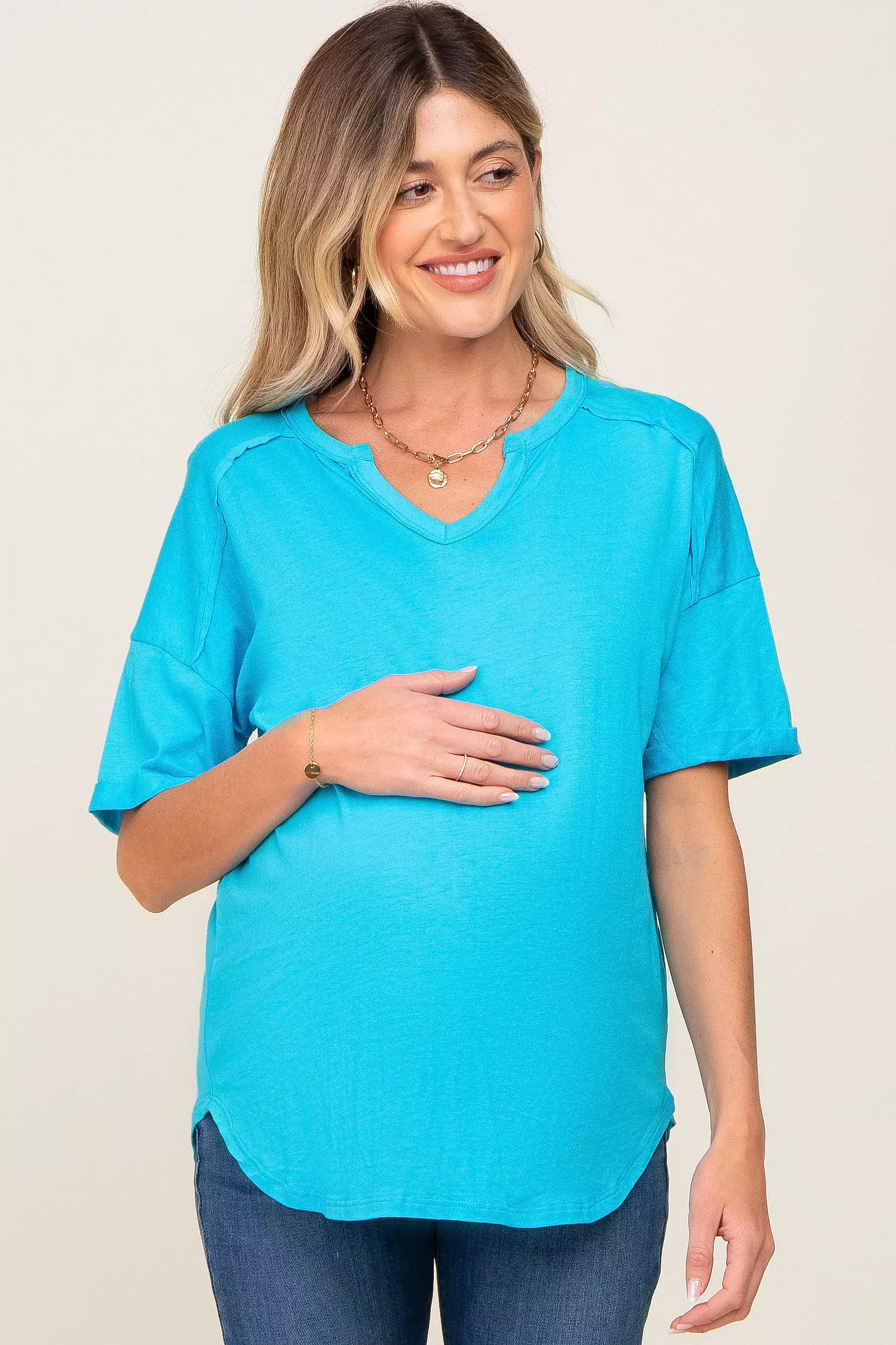 Aqua Oversized V-Neck Cuffed Short Sleeve Maternity Tee