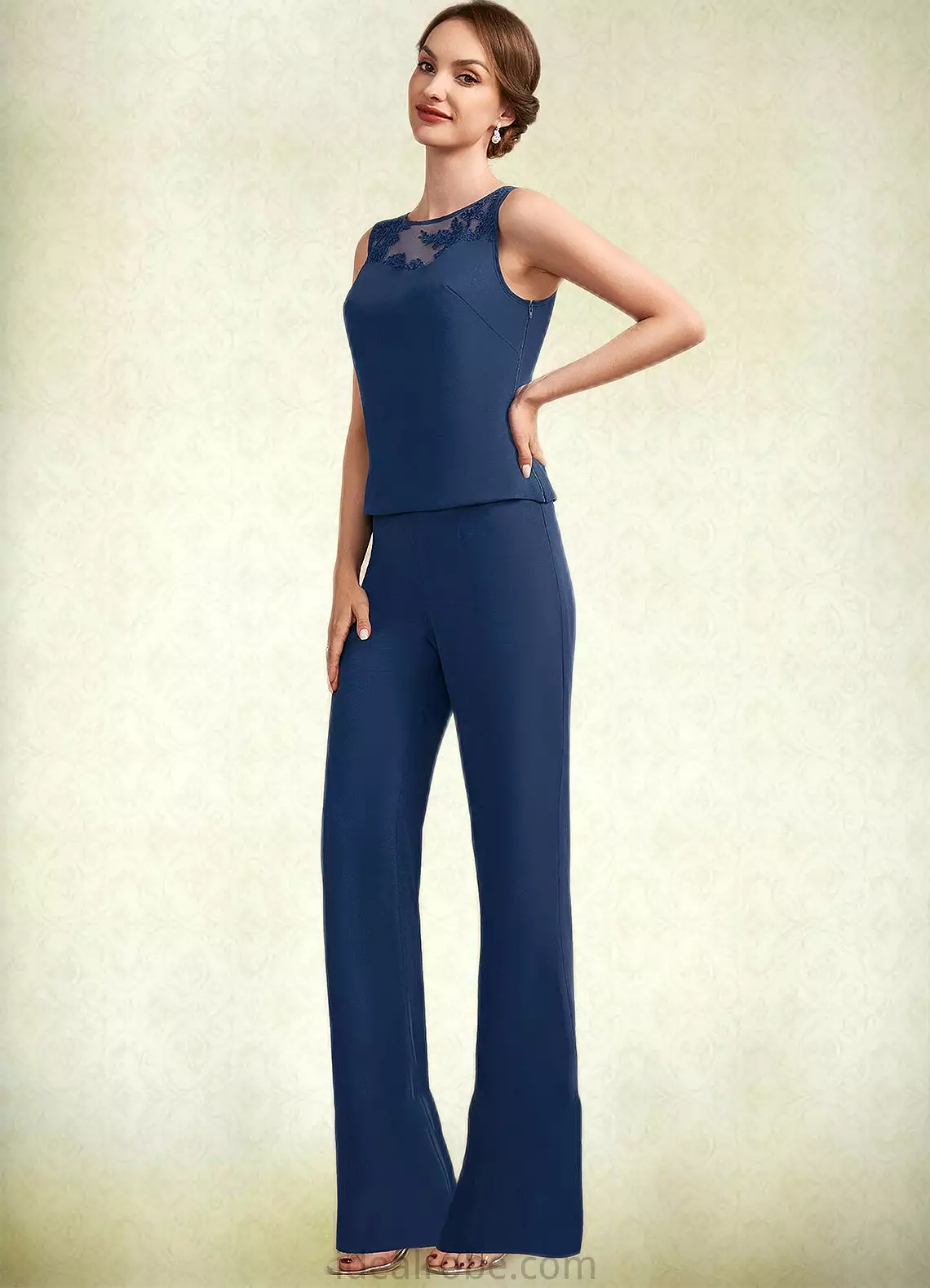 Ashlynn Jumpsuit/Pantsuit Scoop Neck Floor-Length Chiffon Mother of the Bride Dress With Lace STK126P0014687