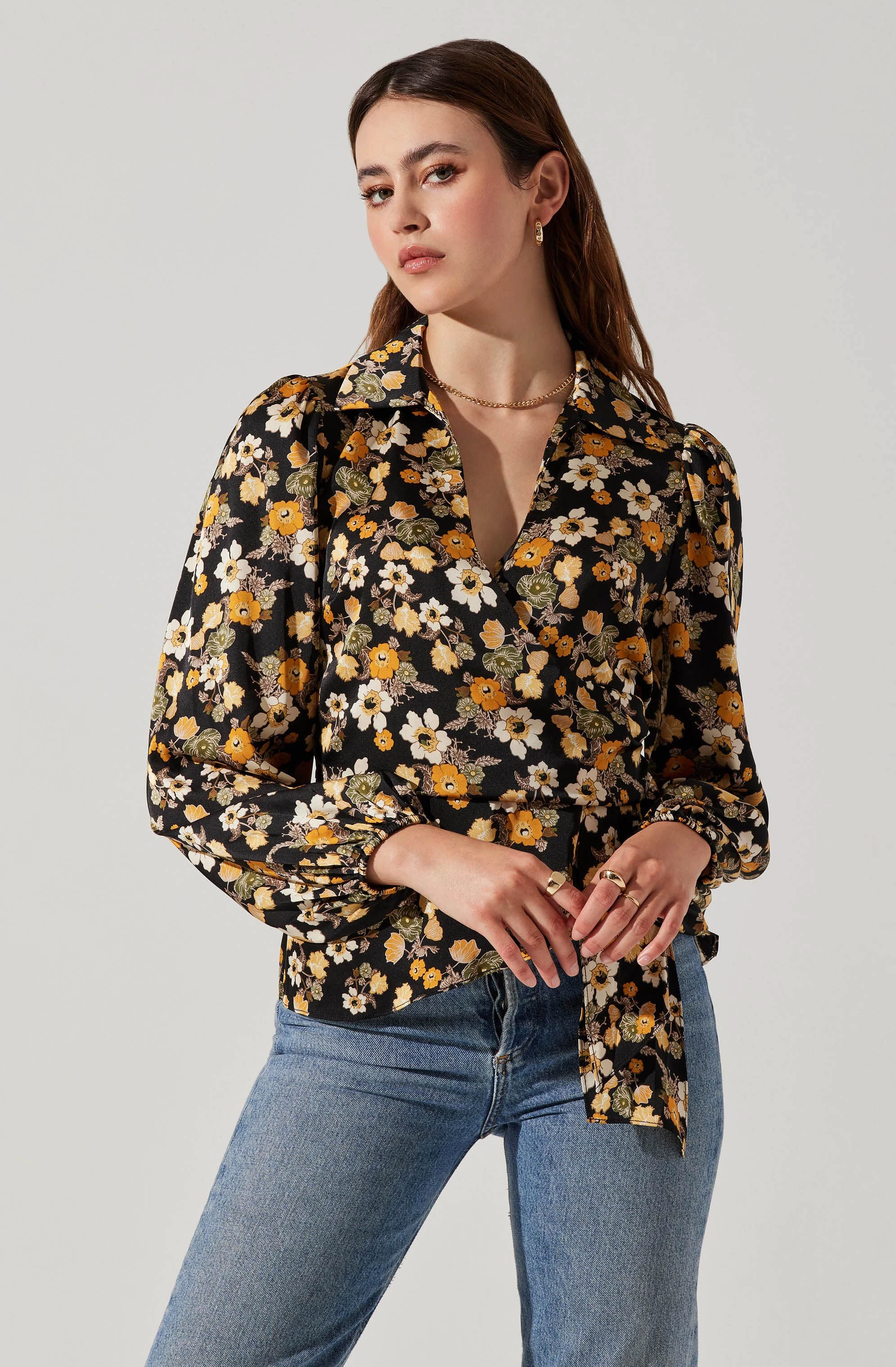 Asymmetrical Collared Floral Wrap Top