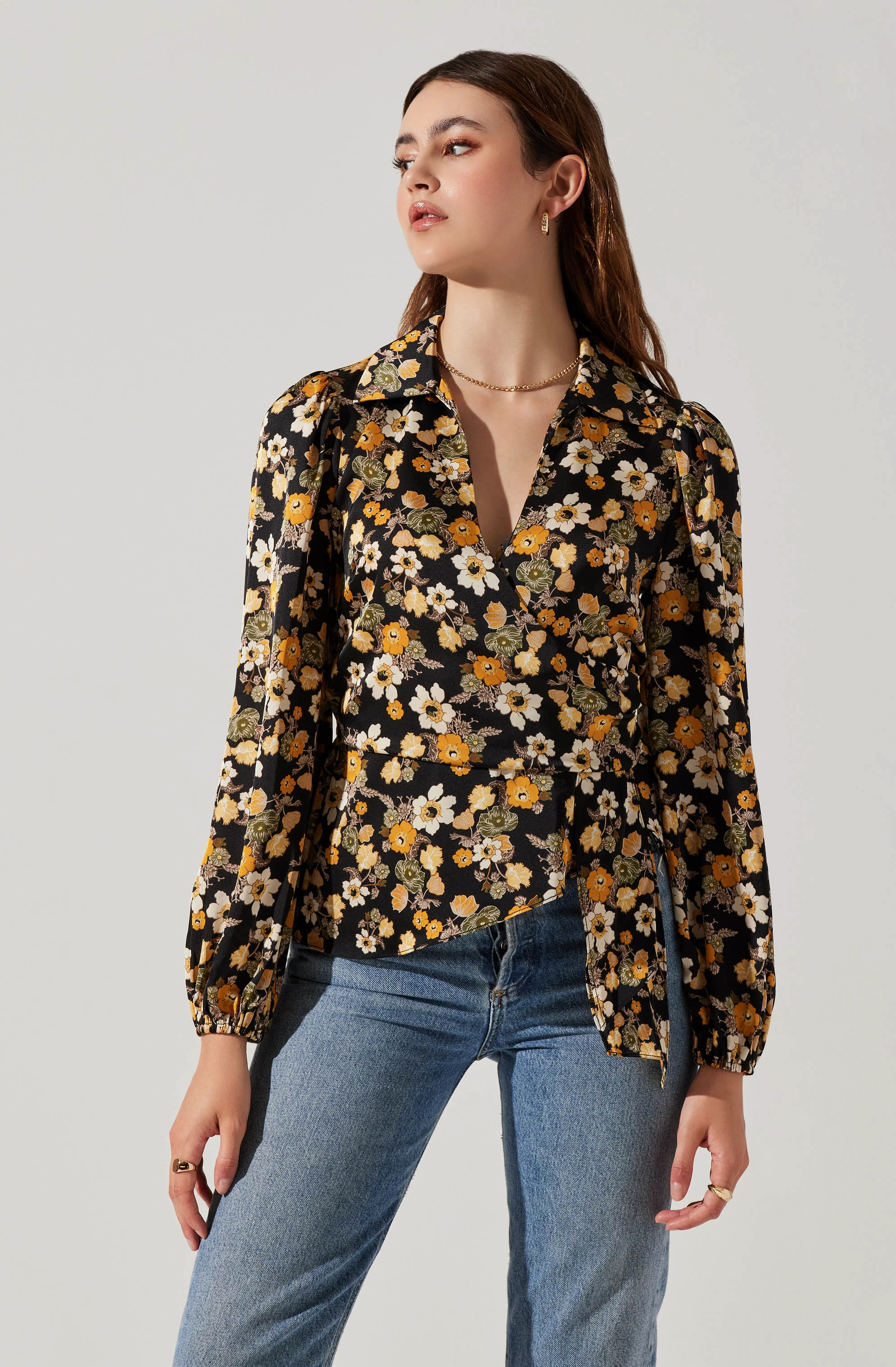 Asymmetrical Collared Floral Wrap Top