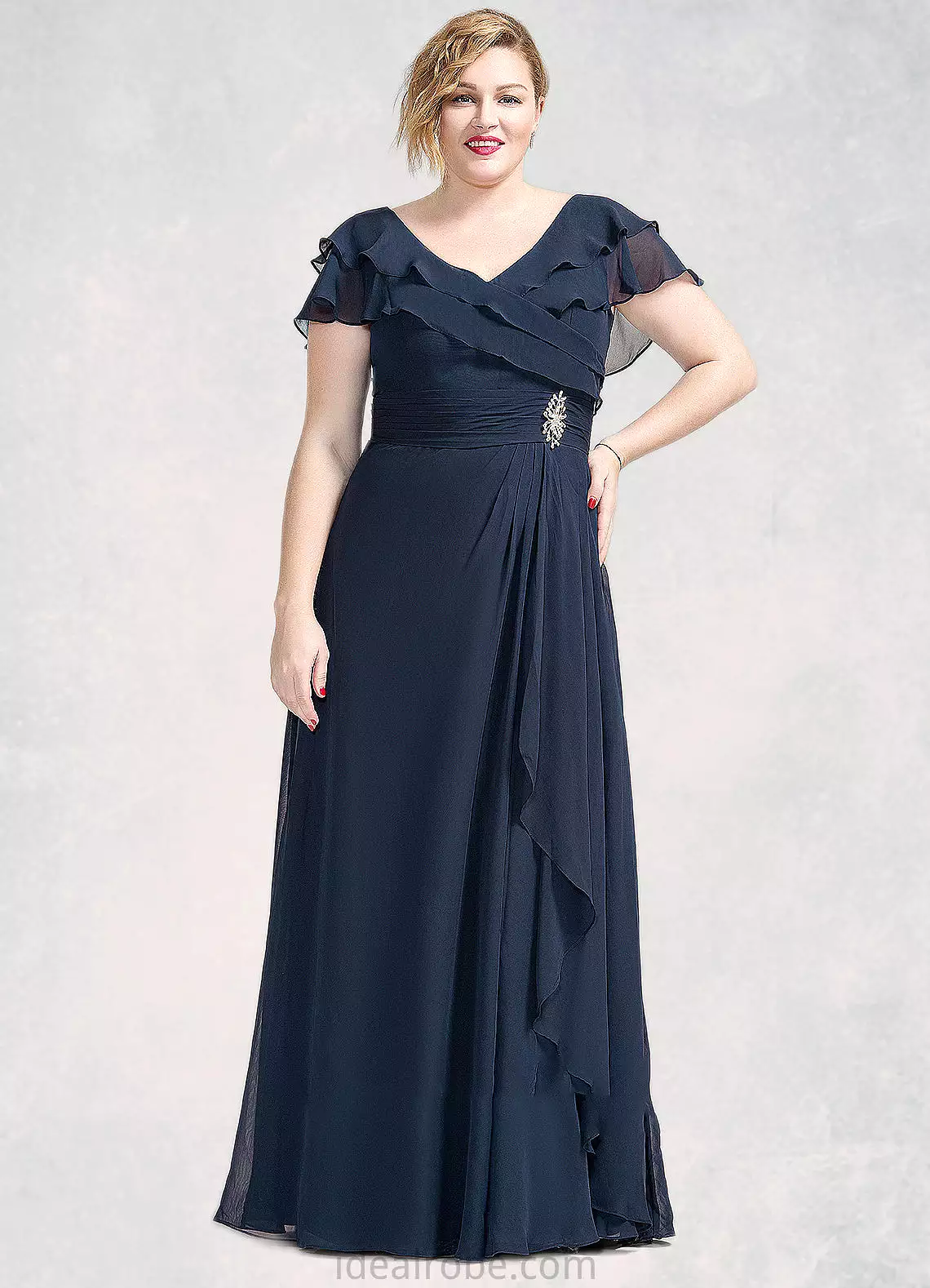 Aurora A-Line V-neck Floor-Length Chiffon Mother of the Bride Dress With Crystal Brooch Cascading Ruffles STK126P0014796