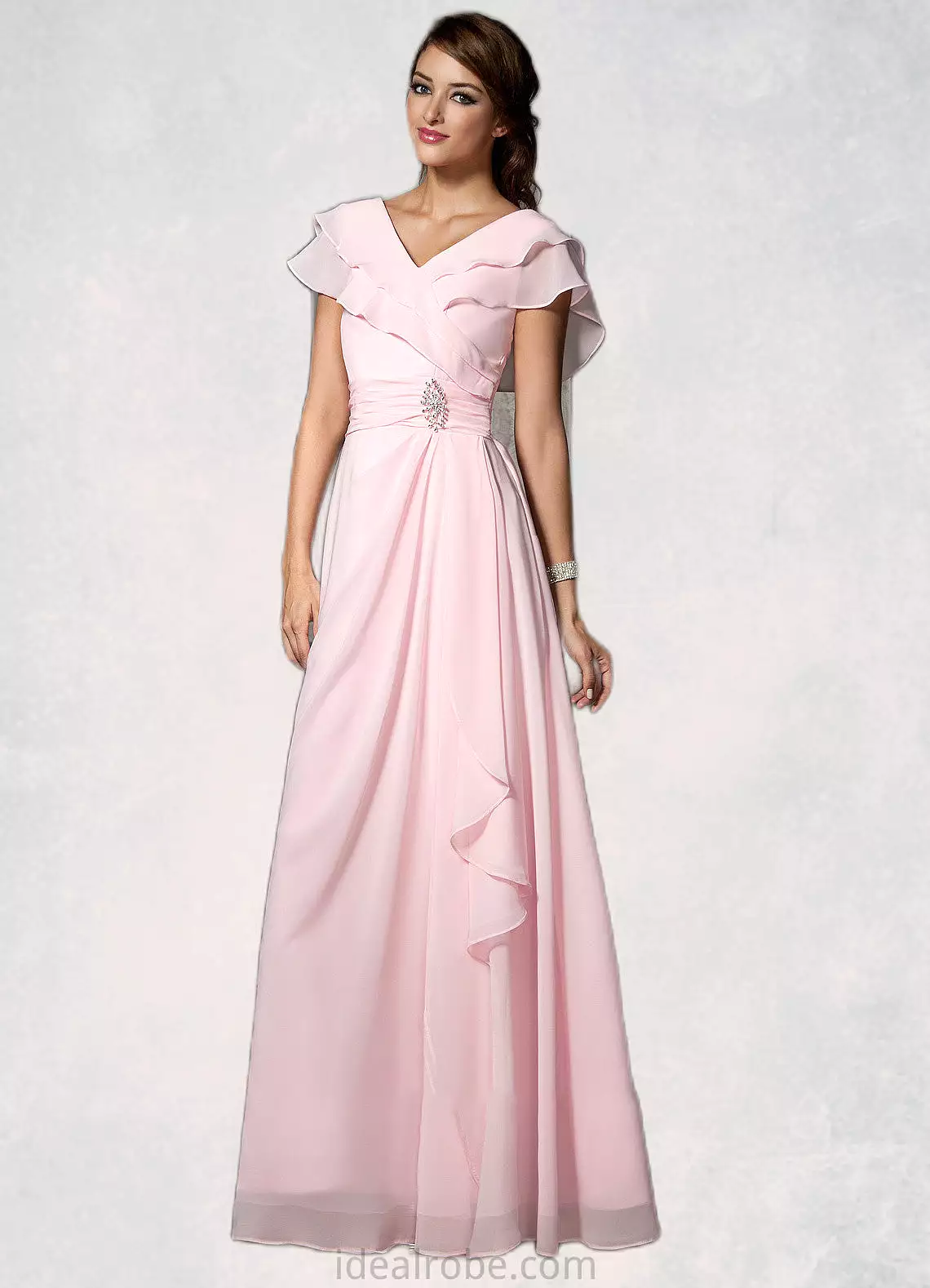 Aurora A-Line V-neck Floor-Length Chiffon Mother of the Bride Dress With Crystal Brooch Cascading Ruffles STK126P0014796