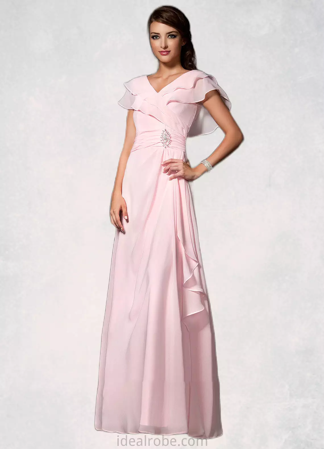 Aurora A-Line V-neck Floor-Length Chiffon Mother of the Bride Dress With Crystal Brooch Cascading Ruffles STK126P0014796