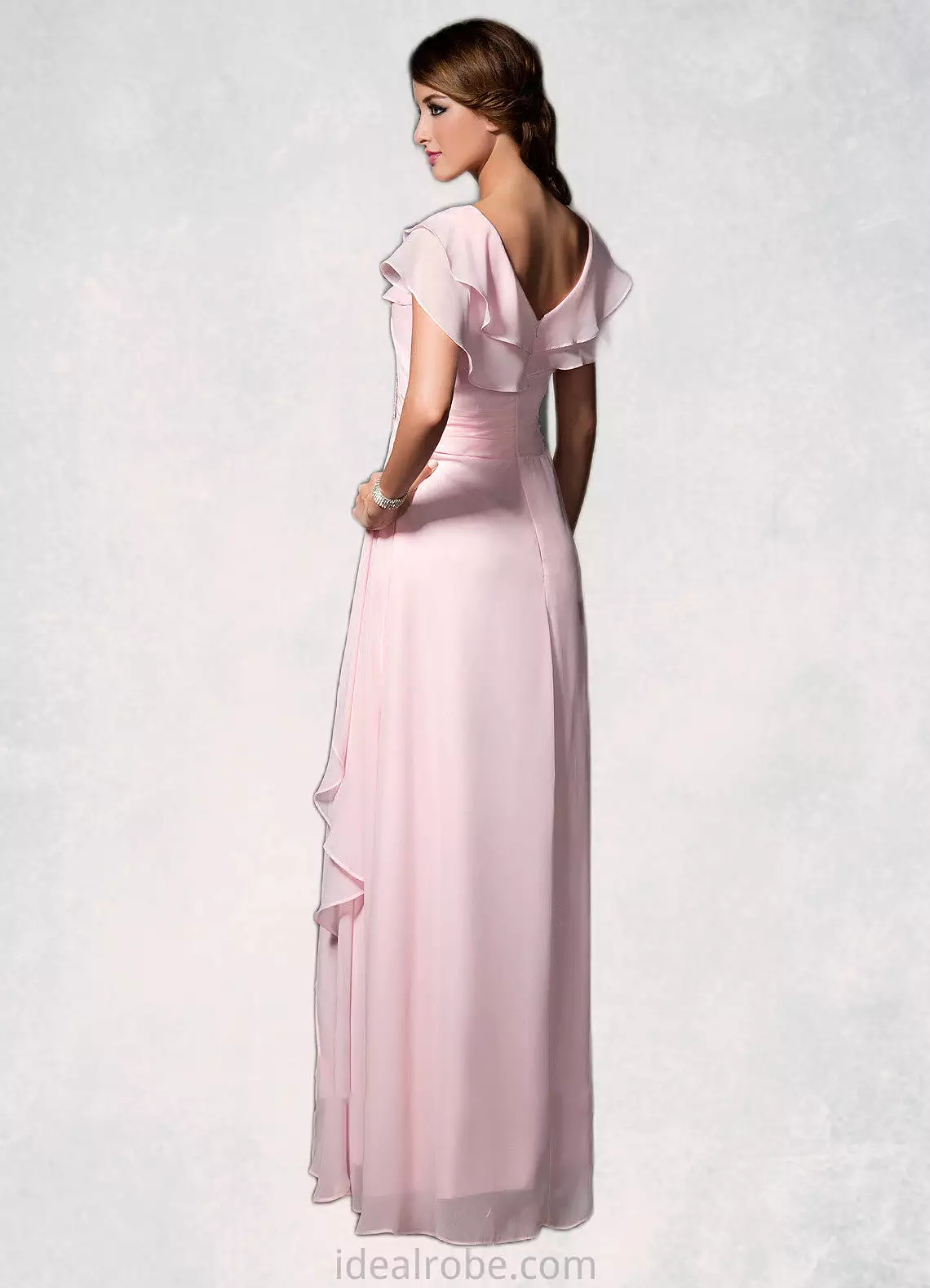 Aurora A-Line V-neck Floor-Length Chiffon Mother of the Bride Dress With Crystal Brooch Cascading Ruffles STK126P0014796