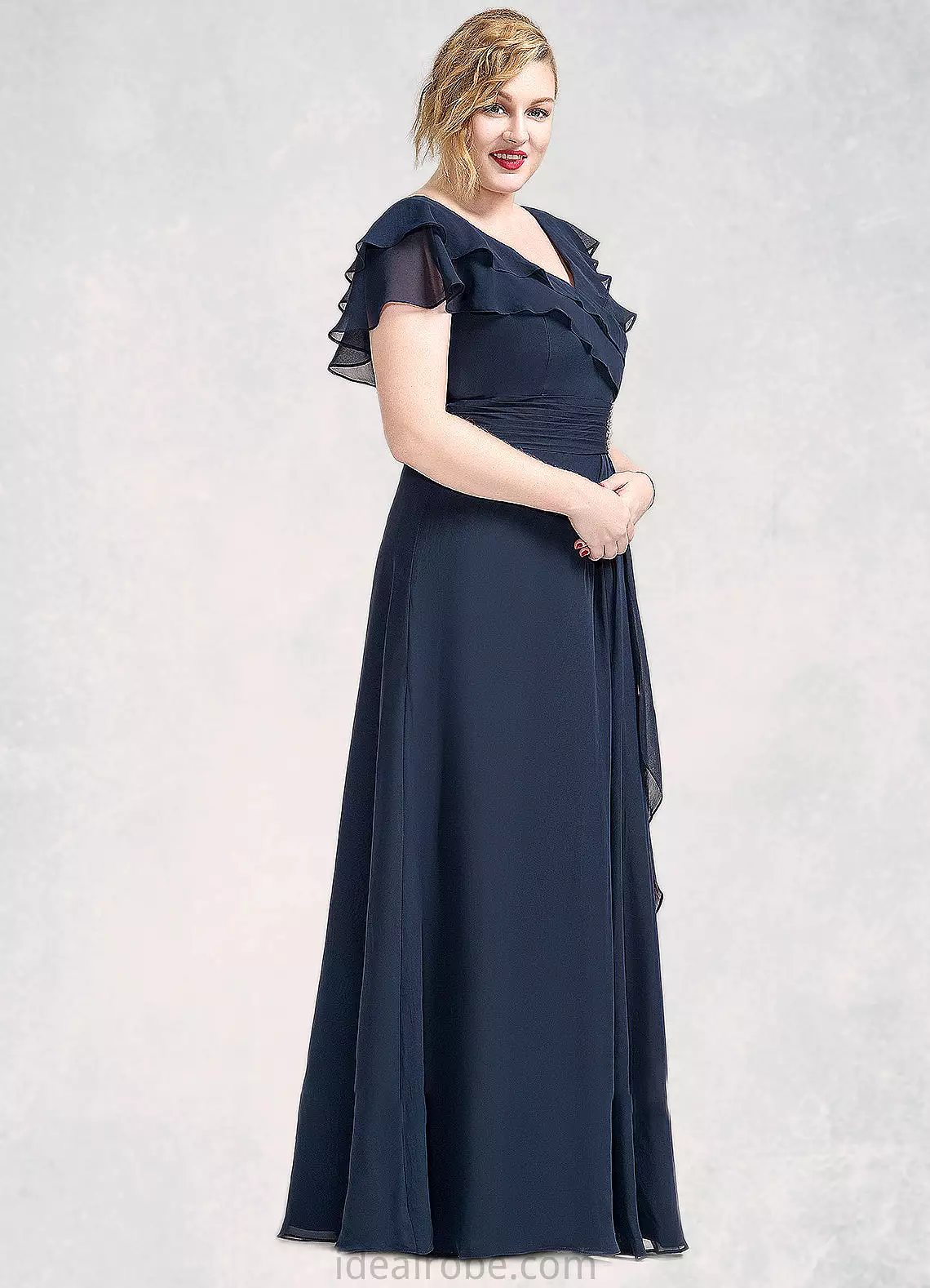 Aurora A-Line V-neck Floor-Length Chiffon Mother of the Bride Dress With Crystal Brooch Cascading Ruffles STK126P0014796