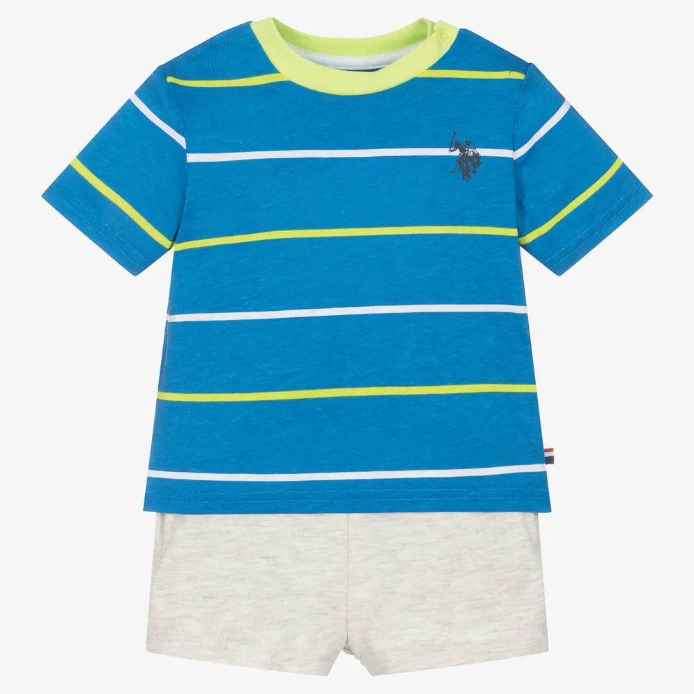 Baby Boys Blue & Grey Cotton Shorts Set