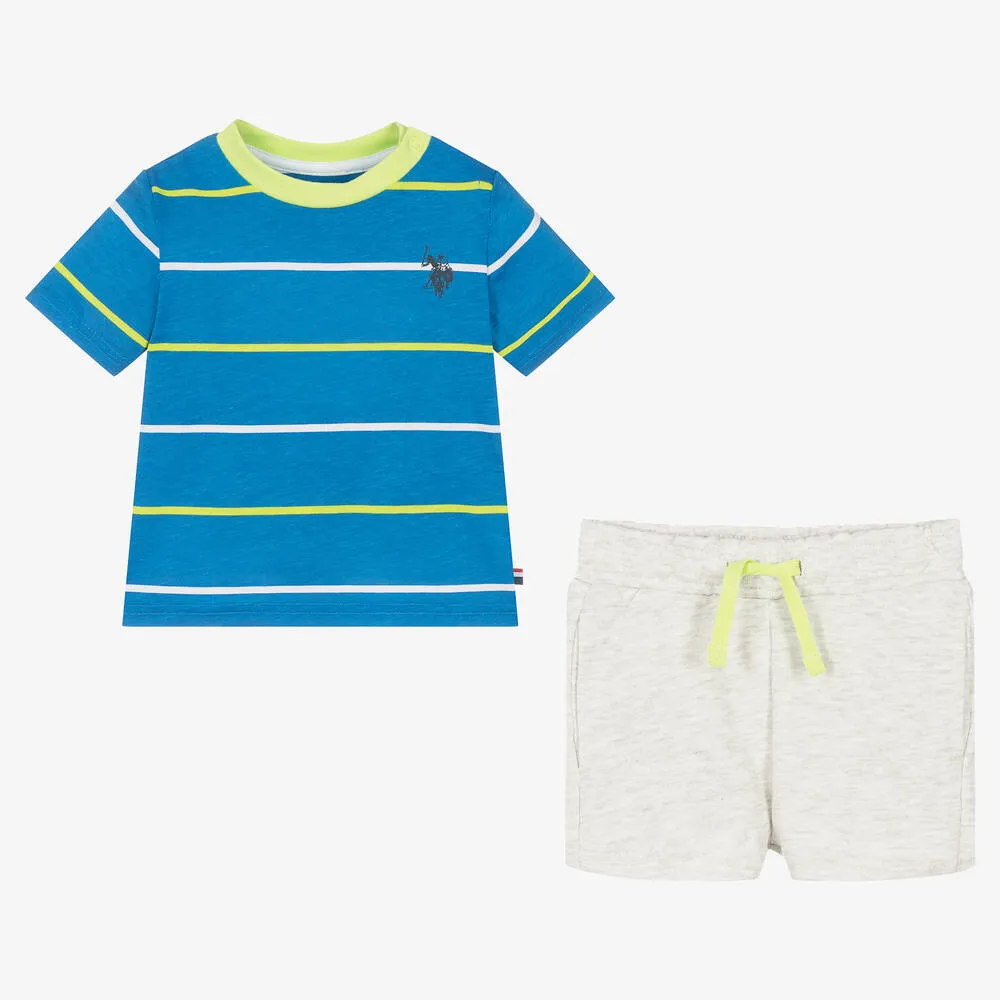 Baby Boys Blue & Grey Cotton Shorts Set