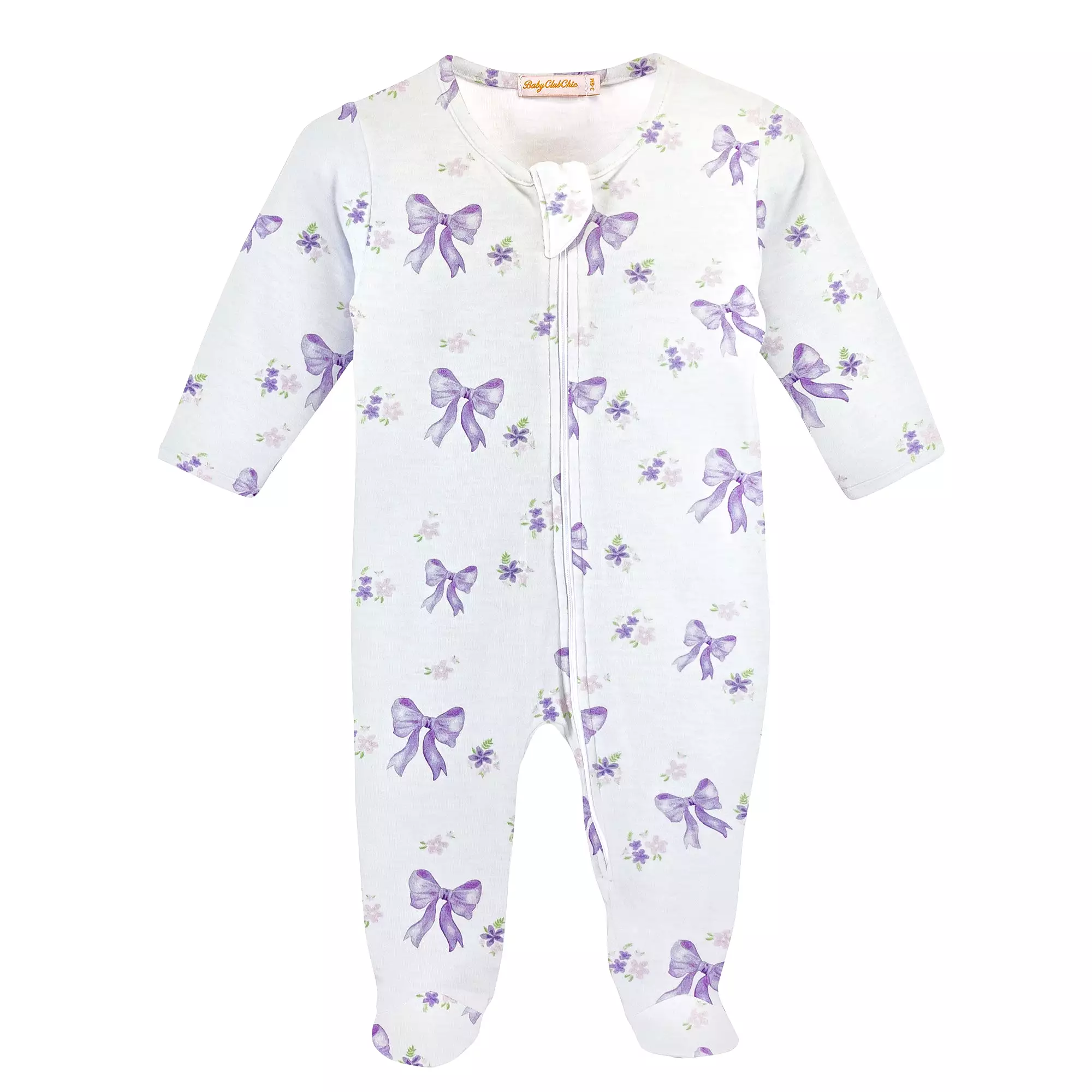 Baby Club Chic - Lavender Bows Zip Footie