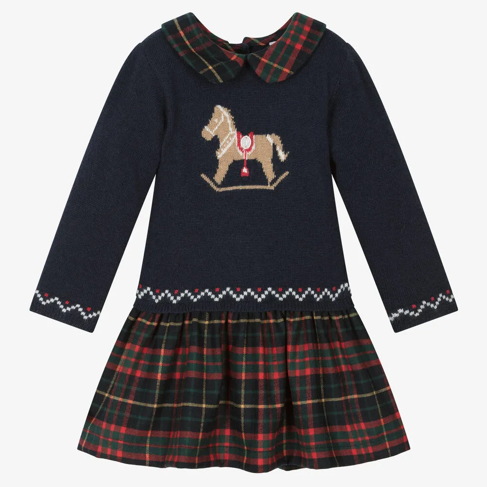 Baby Girls Blue Tartan Knit Dress