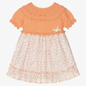 Baby Girls Orange Cotton Floral Knit Dress 