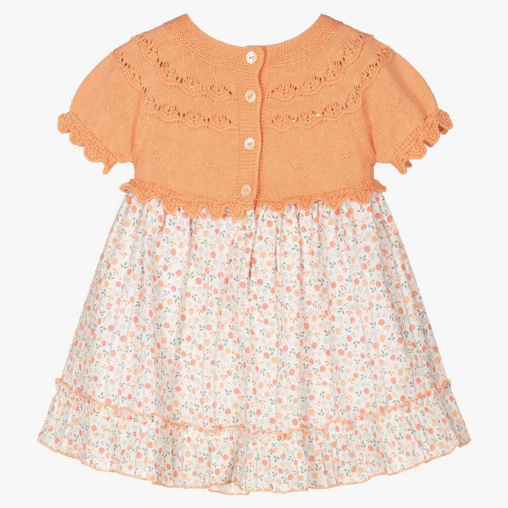 Baby Girls Orange Cotton Floral Knit Dress 