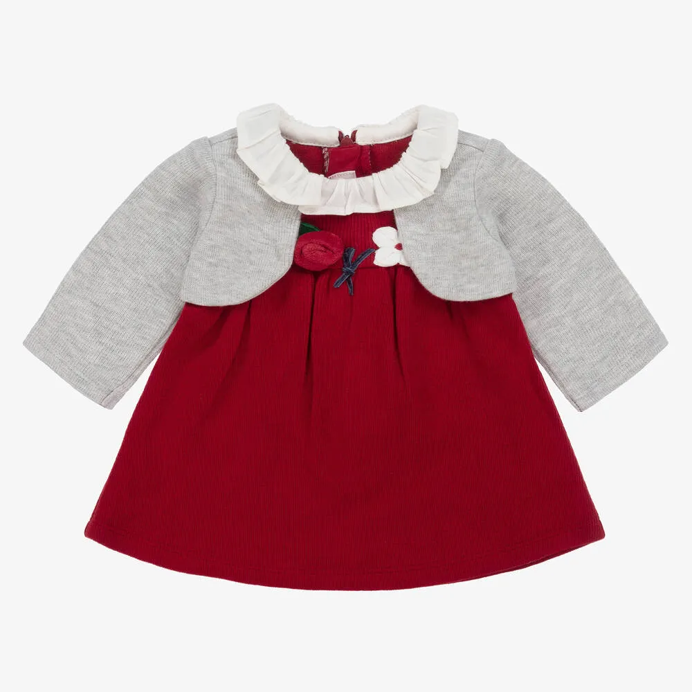 Baby Girls Red & Grey Cotton Dress