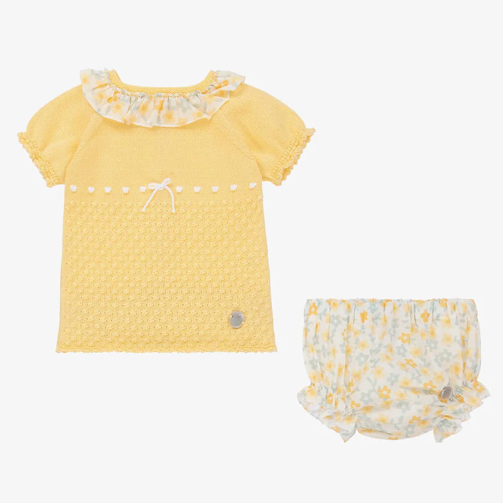 Baby Girls Yellow Floral Knit Shorts Set