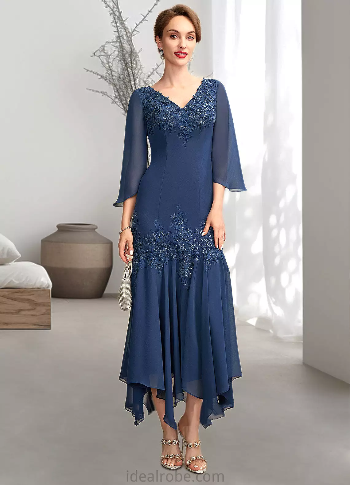 Beatrice Trumpet/Mermaid V-neck Ankle-Length Chiffon Mother of the Bride Dress With Appliques Lace Sequins STK126P0015009