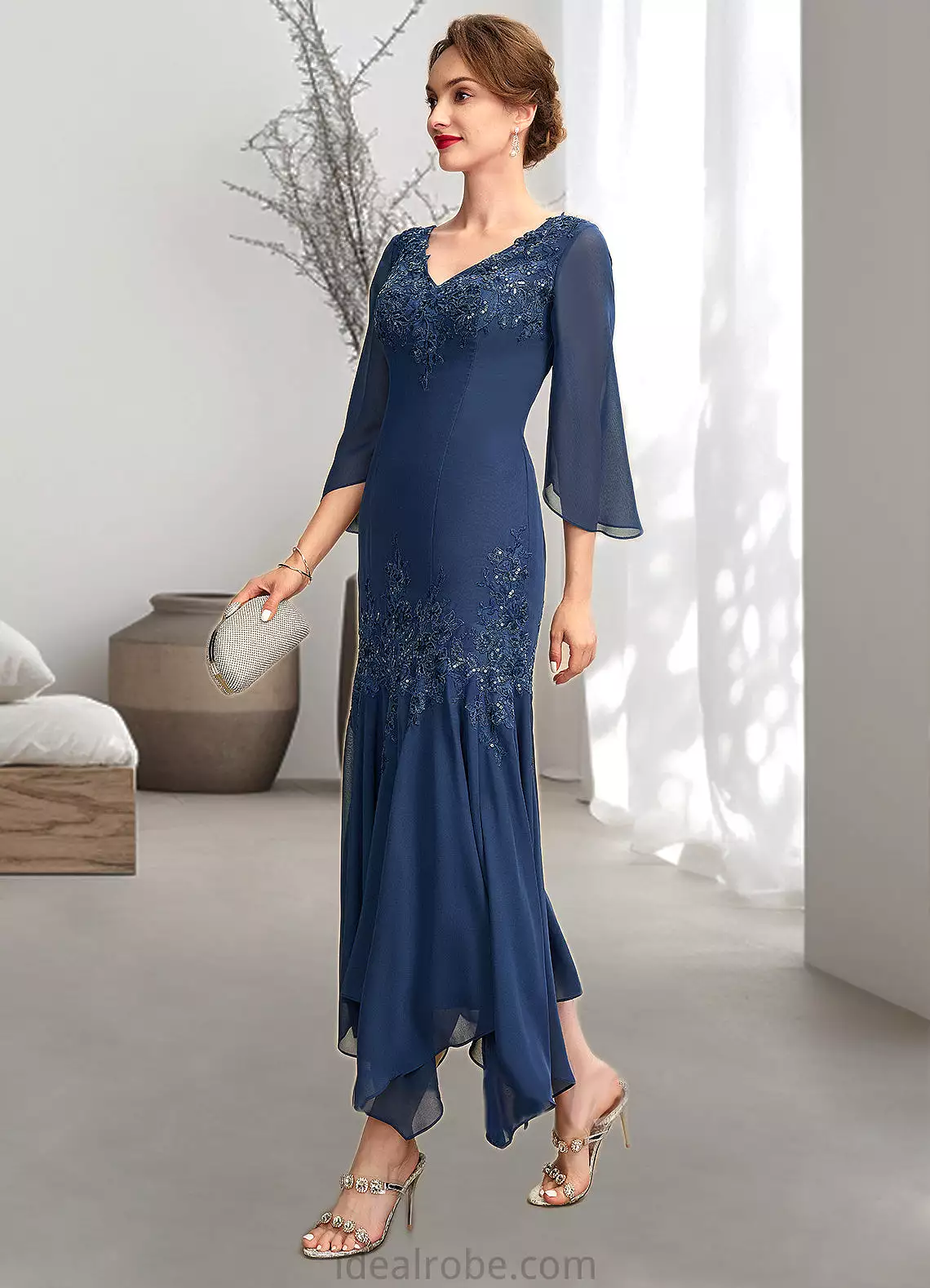 Beatrice Trumpet/Mermaid V-neck Ankle-Length Chiffon Mother of the Bride Dress With Appliques Lace Sequins STK126P0015009