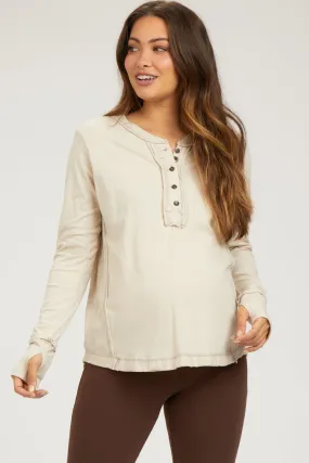 Beige Long Sleeve Exposed Seam Maternity Top