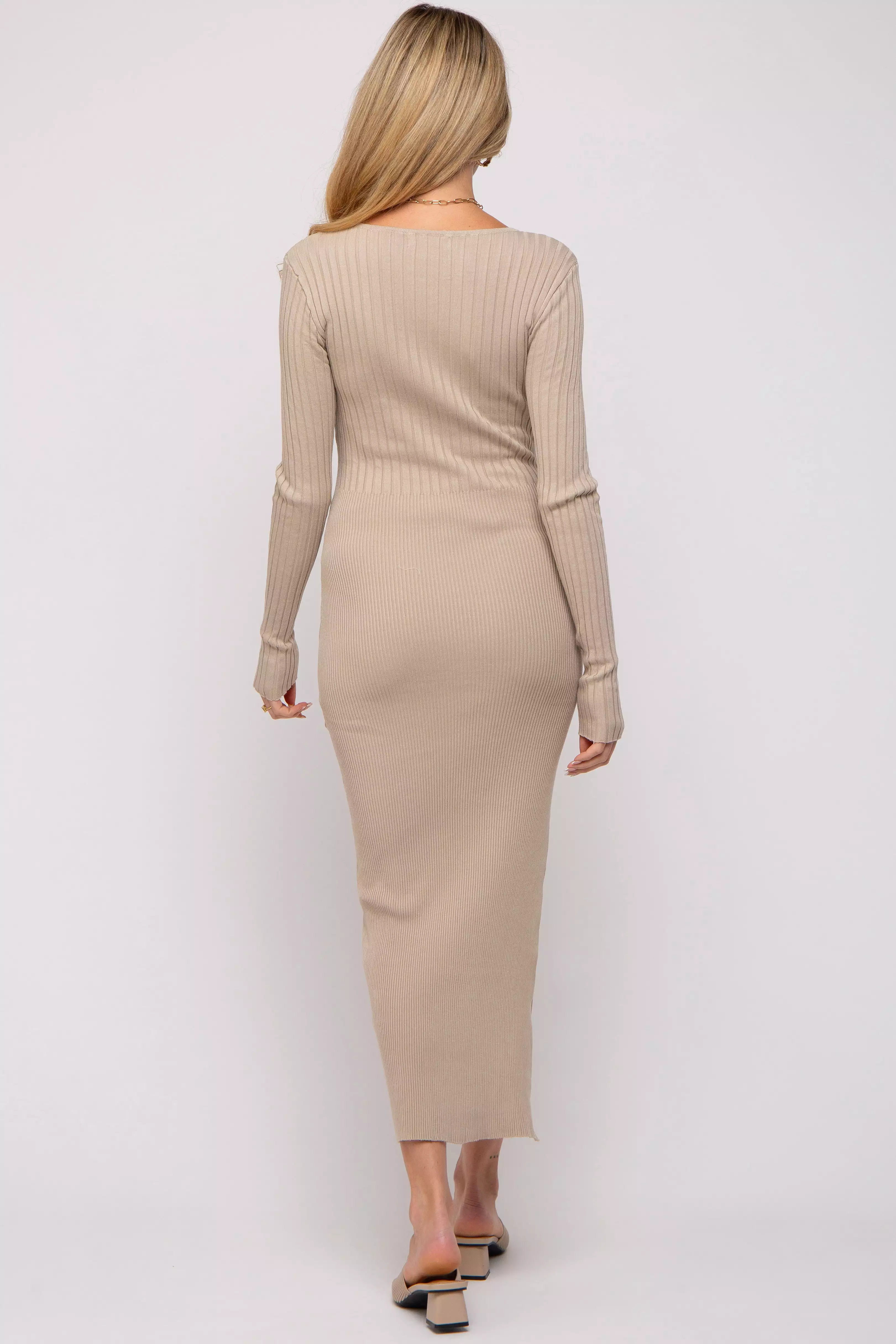 Beige Ribbed Fitted Long Sleeve Maternity Maxi Dress