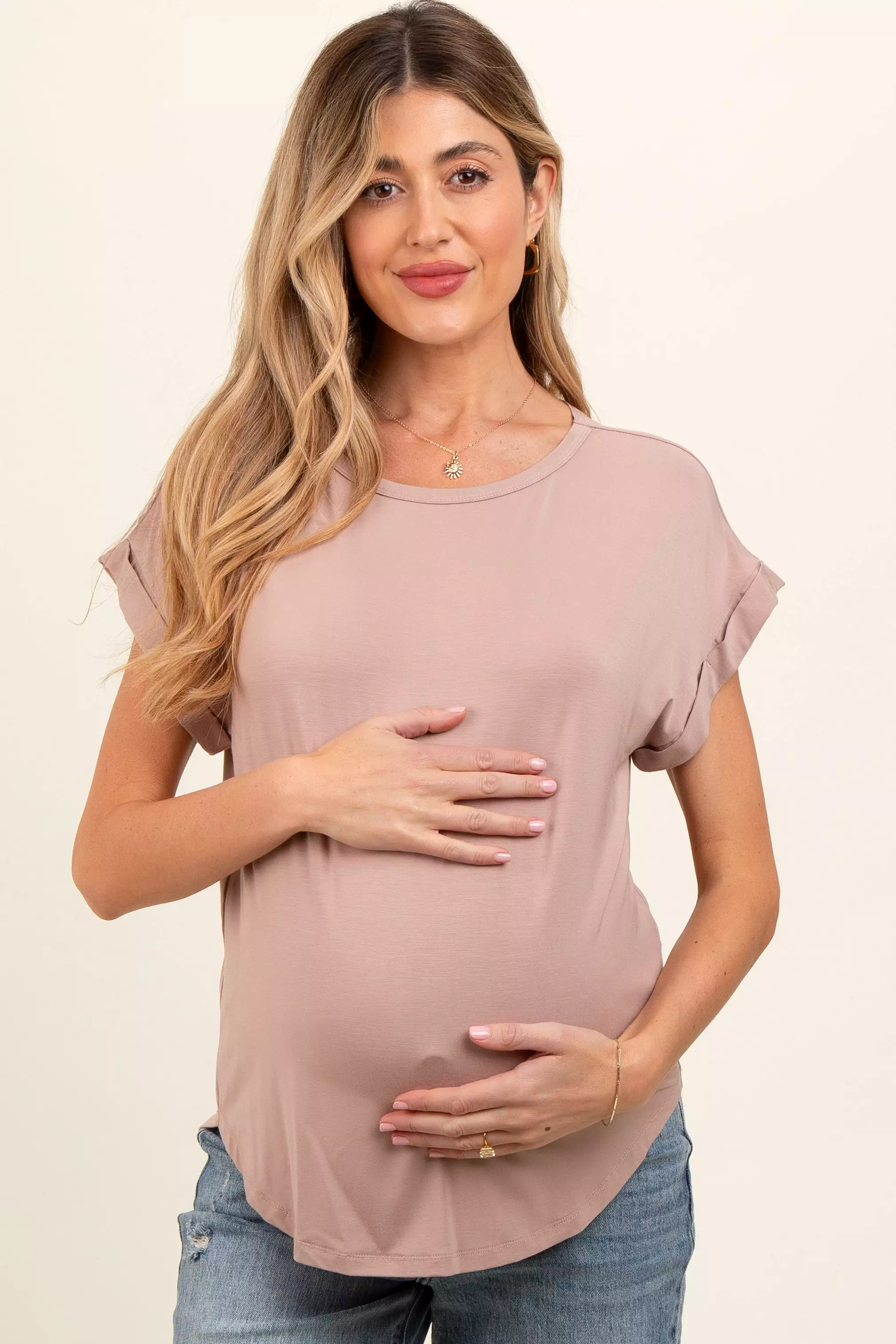 Beige Rolled Cuff Sleeve Maternity Top