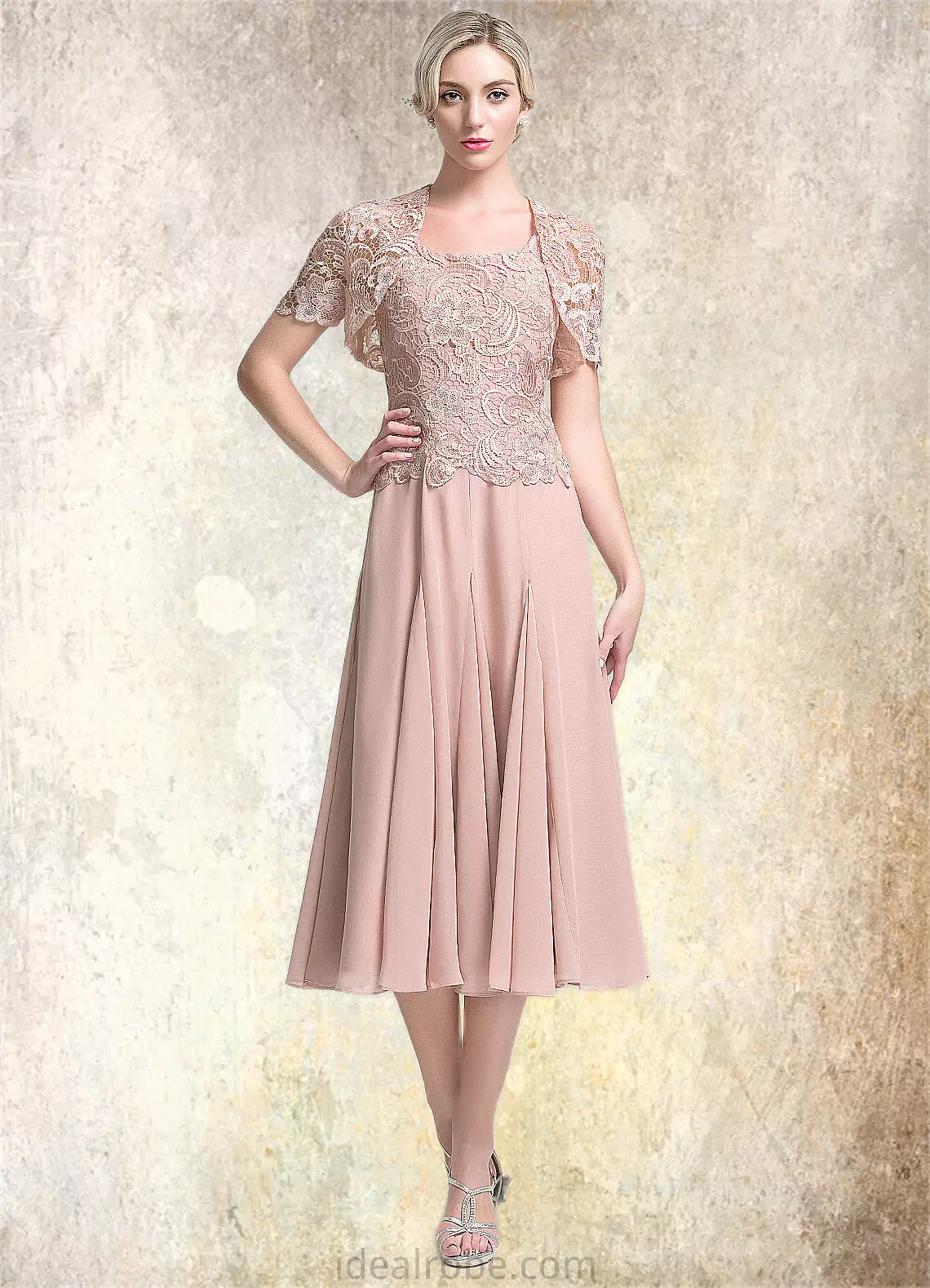 Belinda A-Line Square Neckline Tea-Length Chiffon Mother of the Bride Dress STK126P0014947