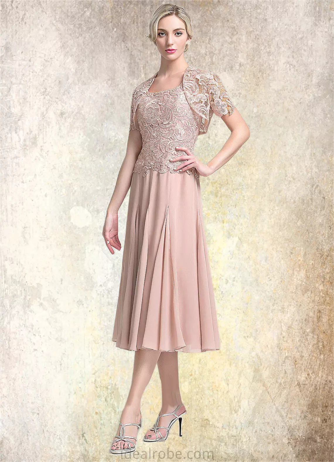 Belinda A-Line Square Neckline Tea-Length Chiffon Mother of the Bride Dress STK126P0014947